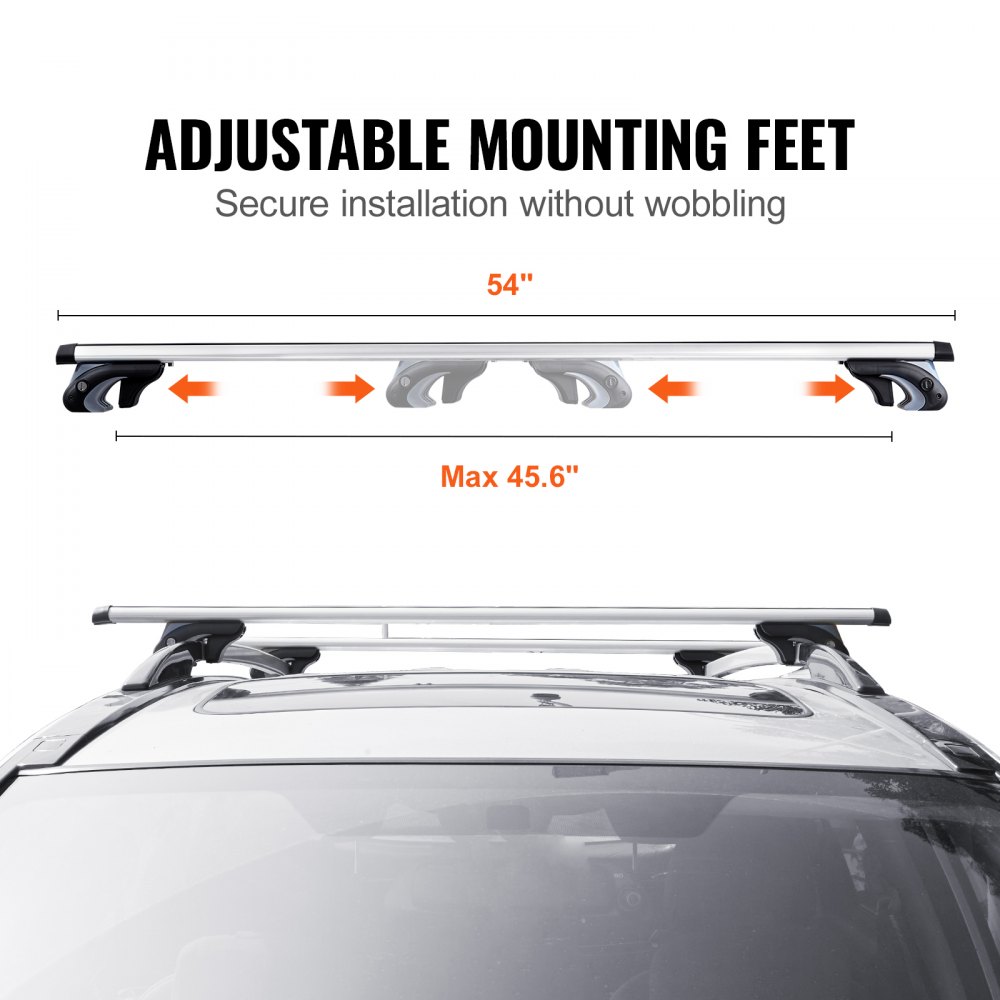 VEVOR roof rack cross bars with adjustable mounting feet and secure installation for vehicles up to 45.6&quot;.
