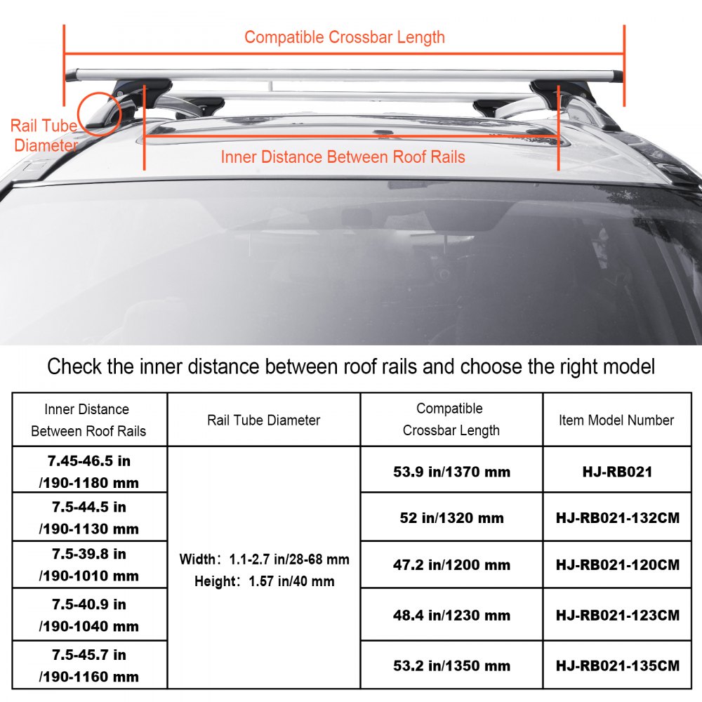 VEVOR roof rack cross bars with adjustable mounting feet and secure installation for vehicles up to 45.6&quot;.