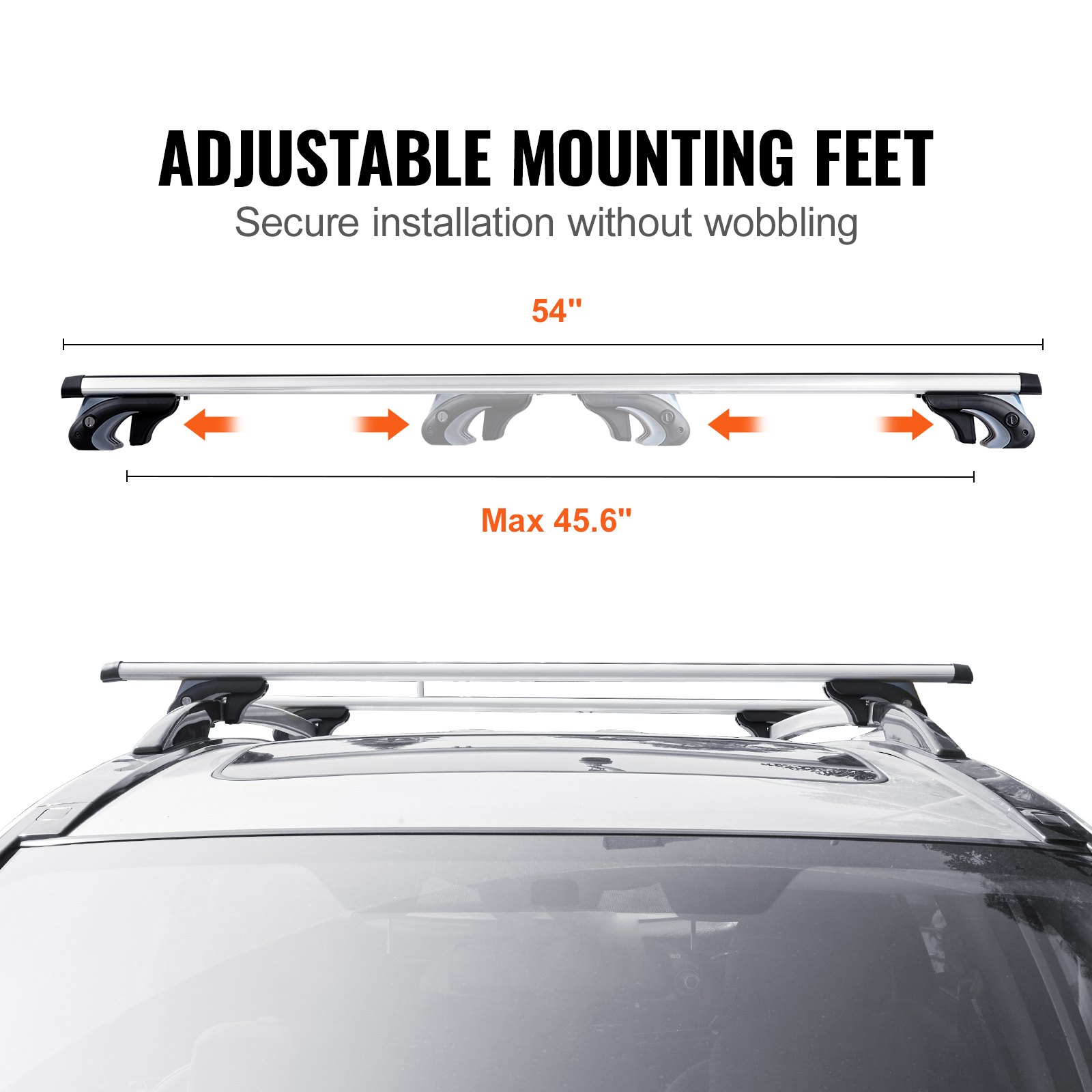 VEVOR roof rack cross bars with adjustable mounting feet and secure installation for vehicles up to 45.6&quot;.