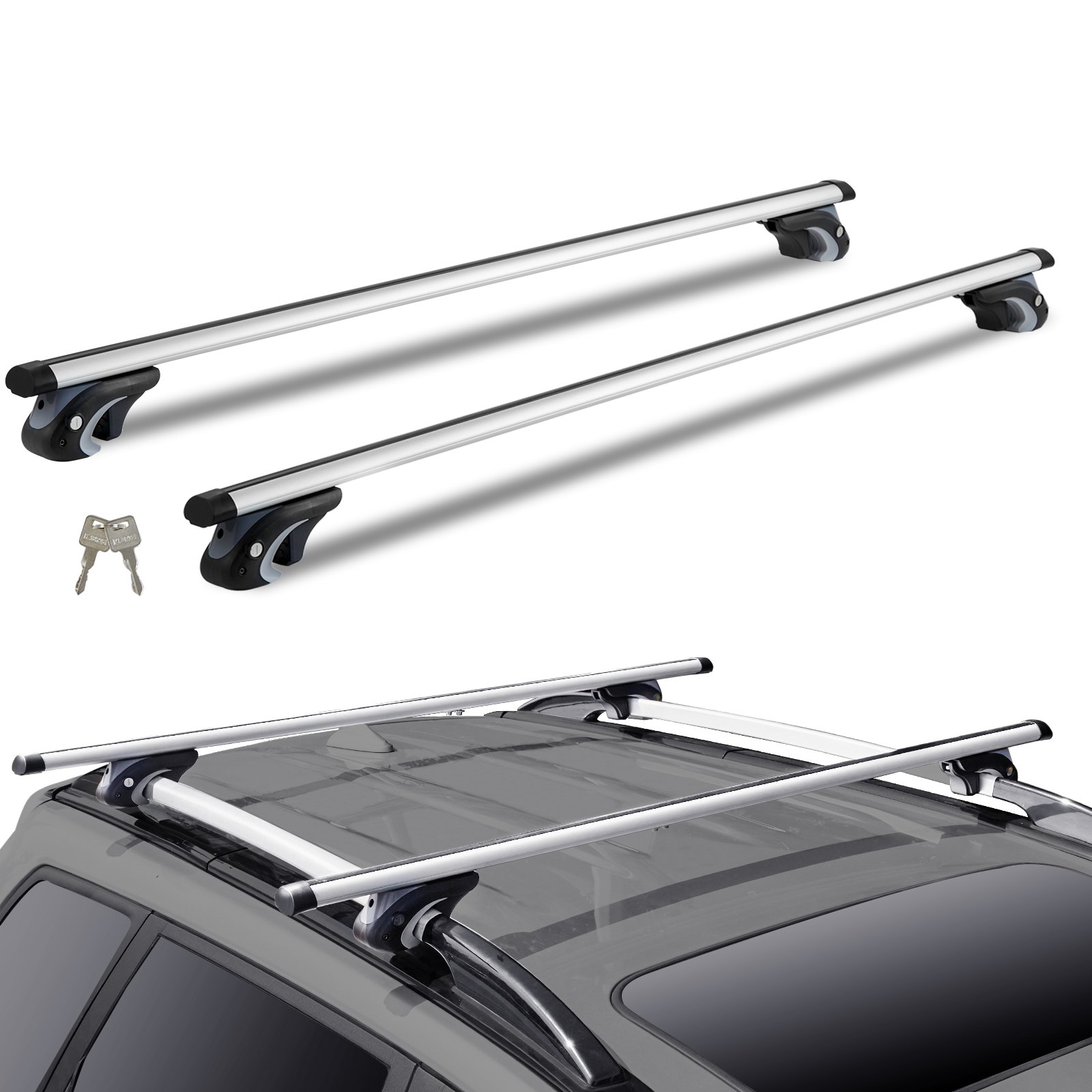 VEVOR roof rack cross bars mounted on a car roof with keys shown for locking mechanism.