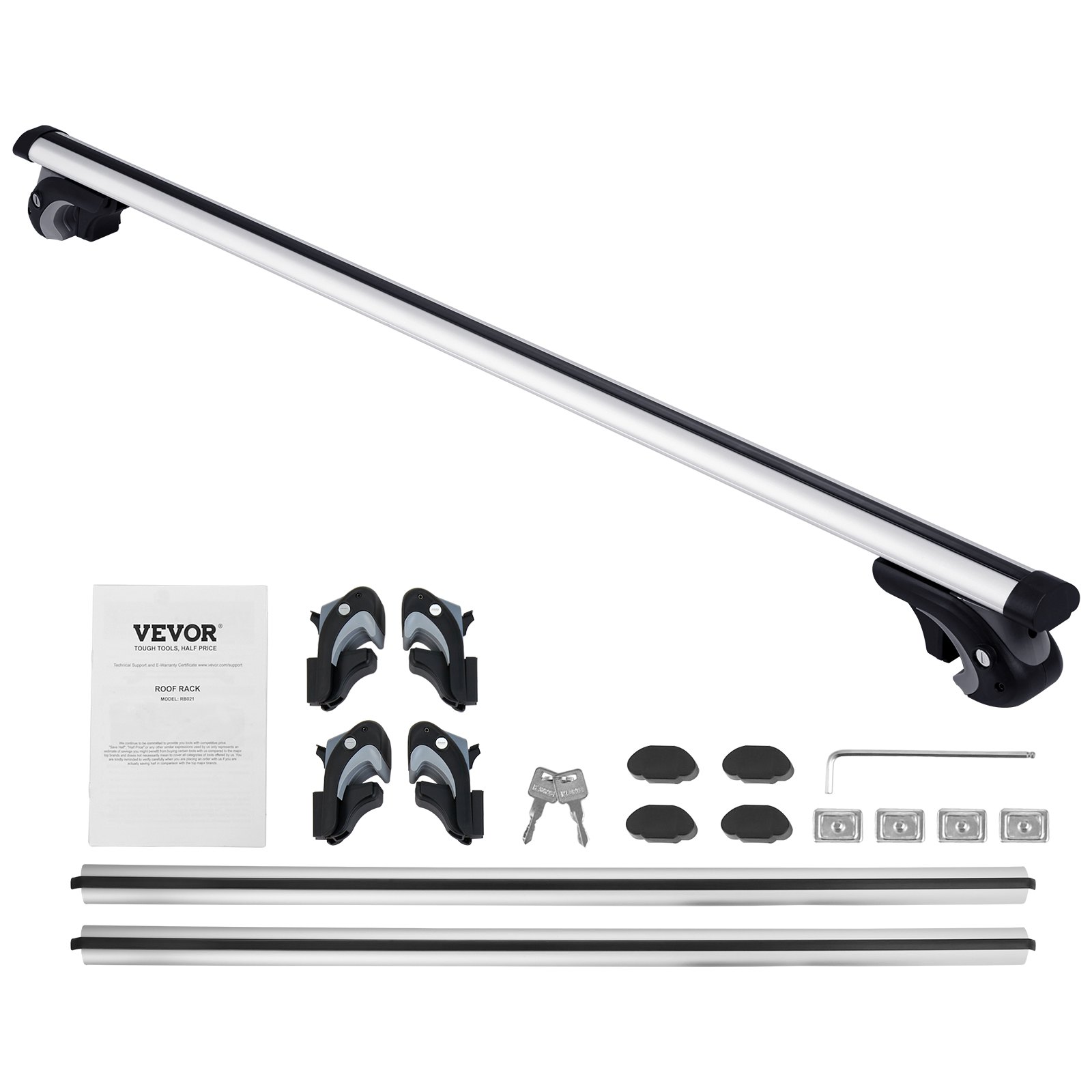 VEVOR roof rack cross bars with mounting hardware, keys, clamps, and instruction manual laid out.