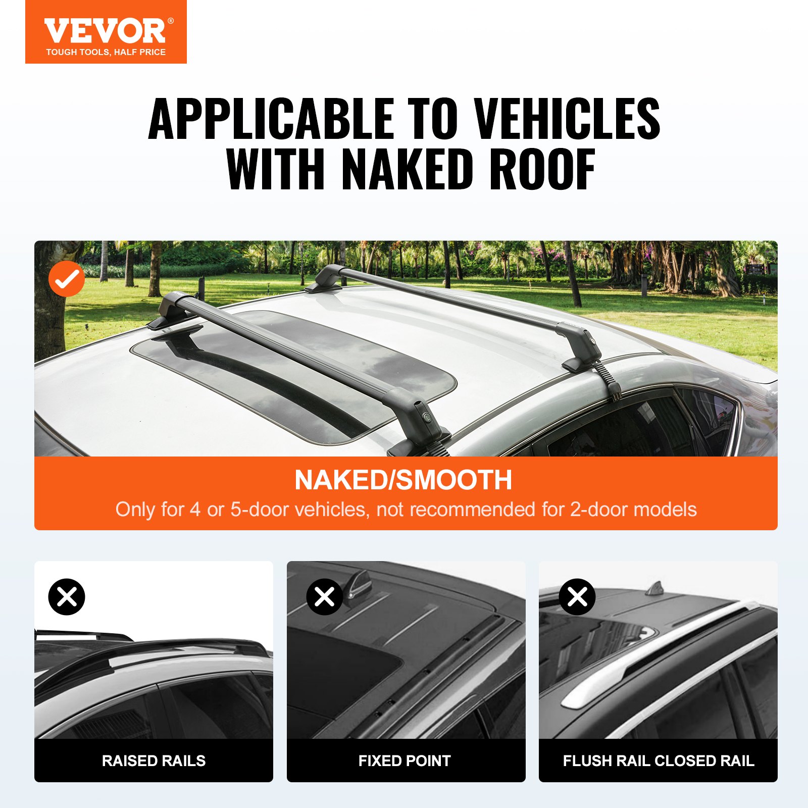 VEVOR Universal Roof Rack Cross Bars, Aluminum Roof Rack Crossbars, Fit Roof without Side Rail, 70.3 kg Load Capacity, Adjustable Bare Roof Crossbars with Locks, for SUVs, Sedans, and Vans