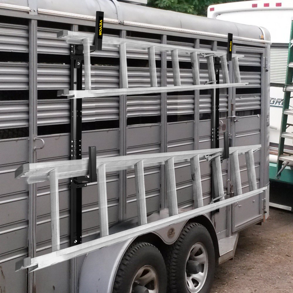 VEVOR Trailer Ladder Rack, Fit for Enclosed Trailer Exterior Side Wall, 2 Bars Adjustable Steel Side Mount Ladder Rack with 441 LBS Capacity, Carry 1 or 2 Ladders, Black