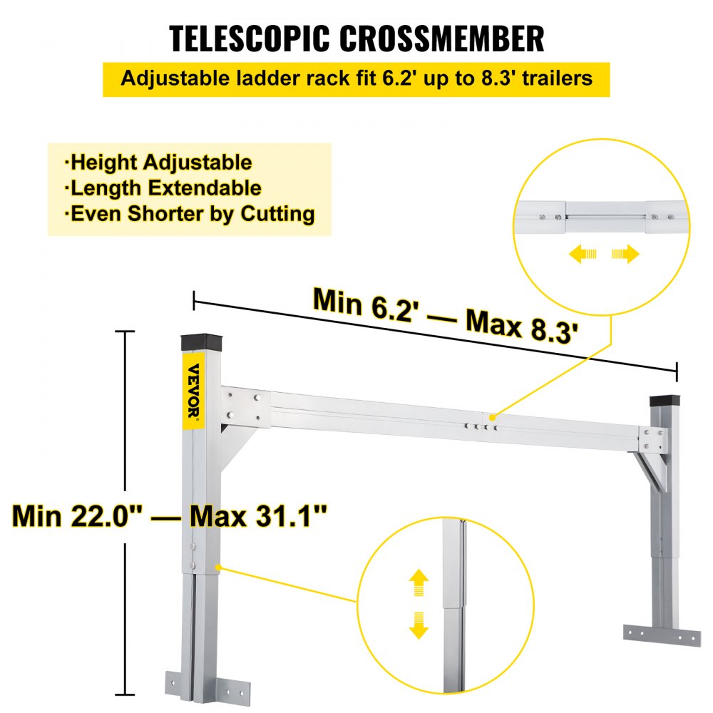 VEVOR Universal Roof Ladder Rack, Fit for 190-256 cm Wide Vans, 2 Bars Adjustable Aluminum Trailer Ladder Rack with 150 kg Capacity, for Cargo Vans Trucks or Pickups, Silver