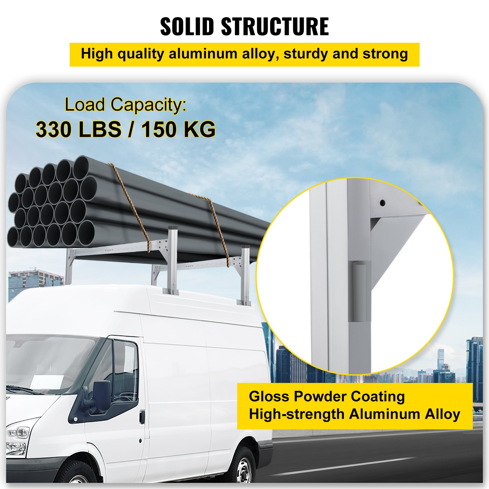 VEVOR Universal Roof Ladder Rack, Fit for 190-256 cm Wide Vans, 2 Bars Adjustable Aluminum Trailer Ladder Rack with 150 kg Capacity, for Cargo Vans Trucks or Pickups, Silver