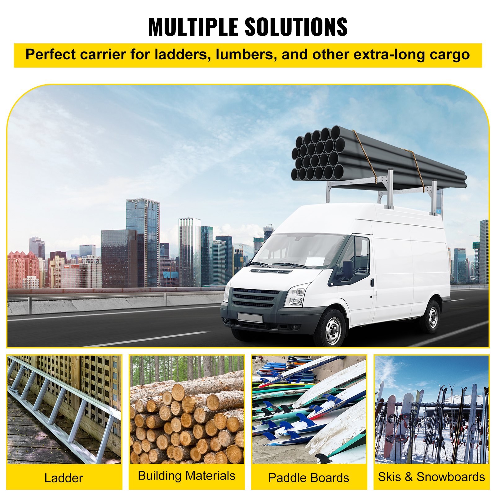 VEVOR Universal Roof Ladder Rack, Fit for 190-256 cm Wide Vans, 2 Bars Adjustable Aluminum Trailer Ladder Rack with 150 kg Capacity, for Cargo Vans Trucks or Pickups, Silver