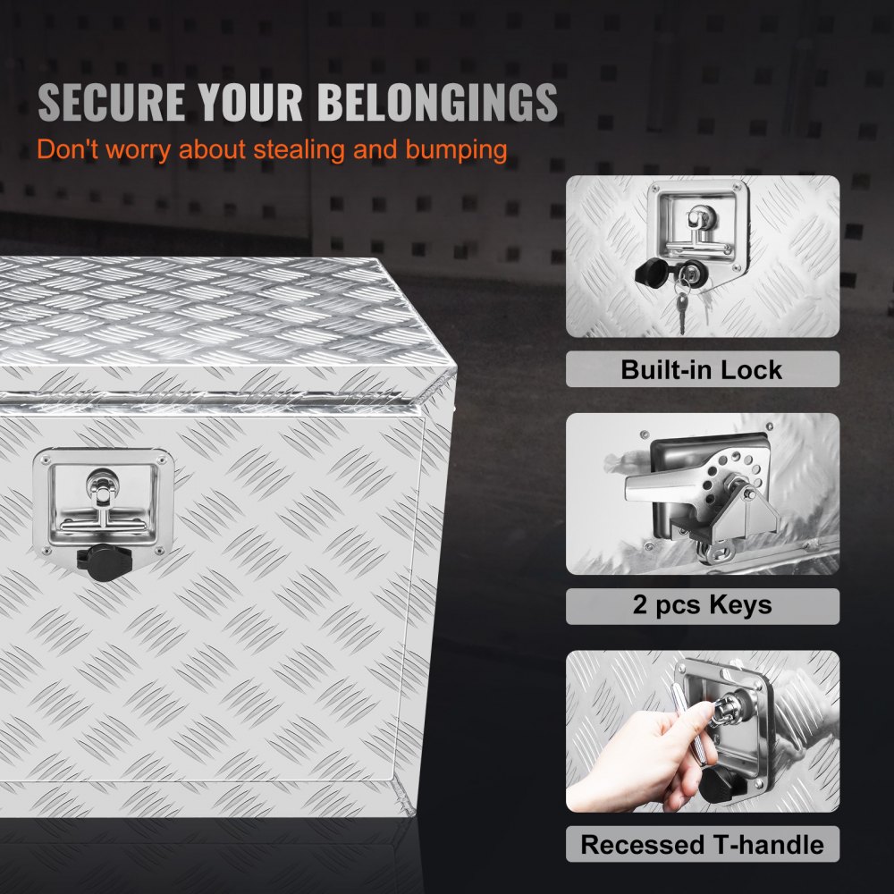 VEVOR underbody truck box with built-in lock, two keys, and recessed t-handle for secure storage.