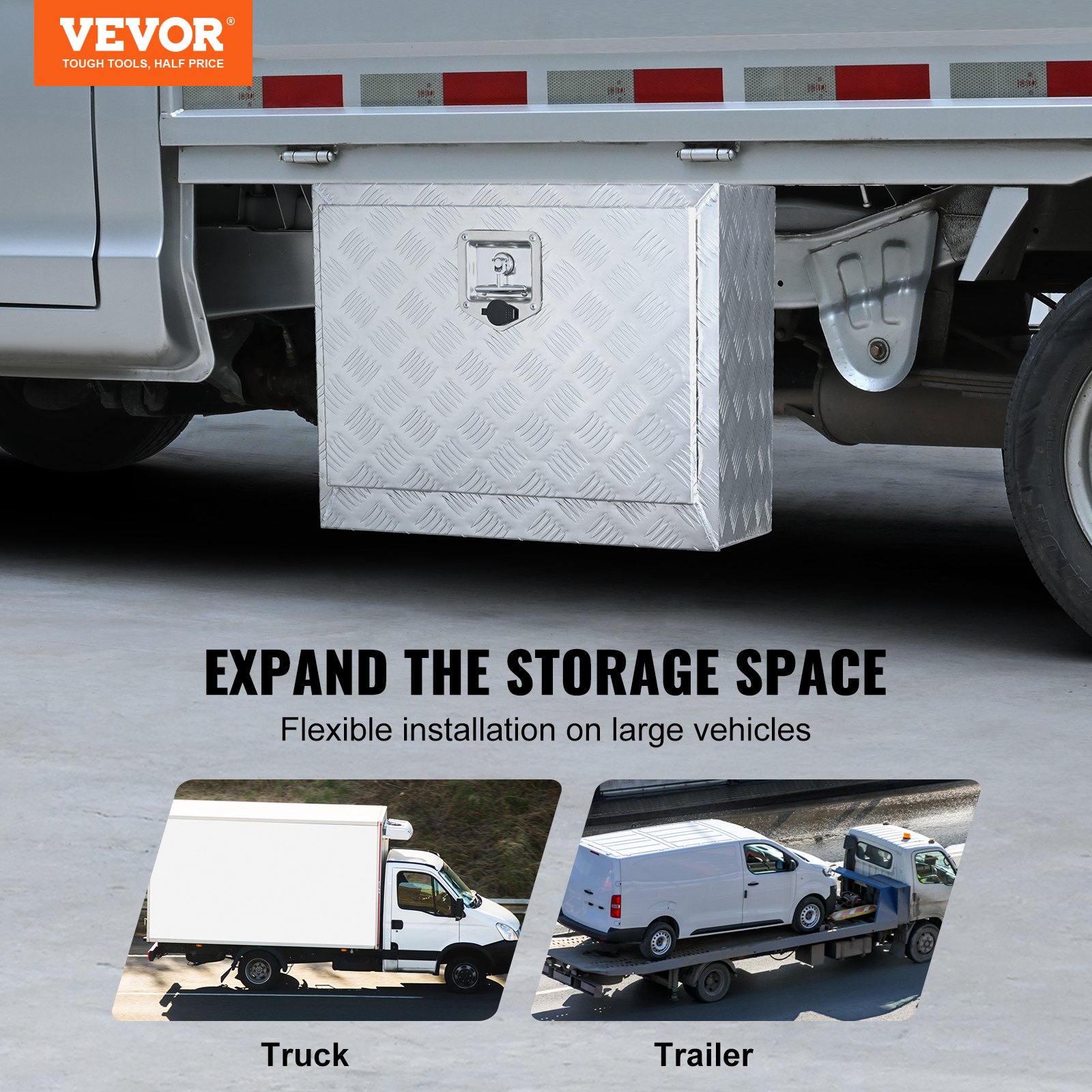 VEVOR underbody truck box installed on vehicle, showcasing ample storage space for trucks and trailers.