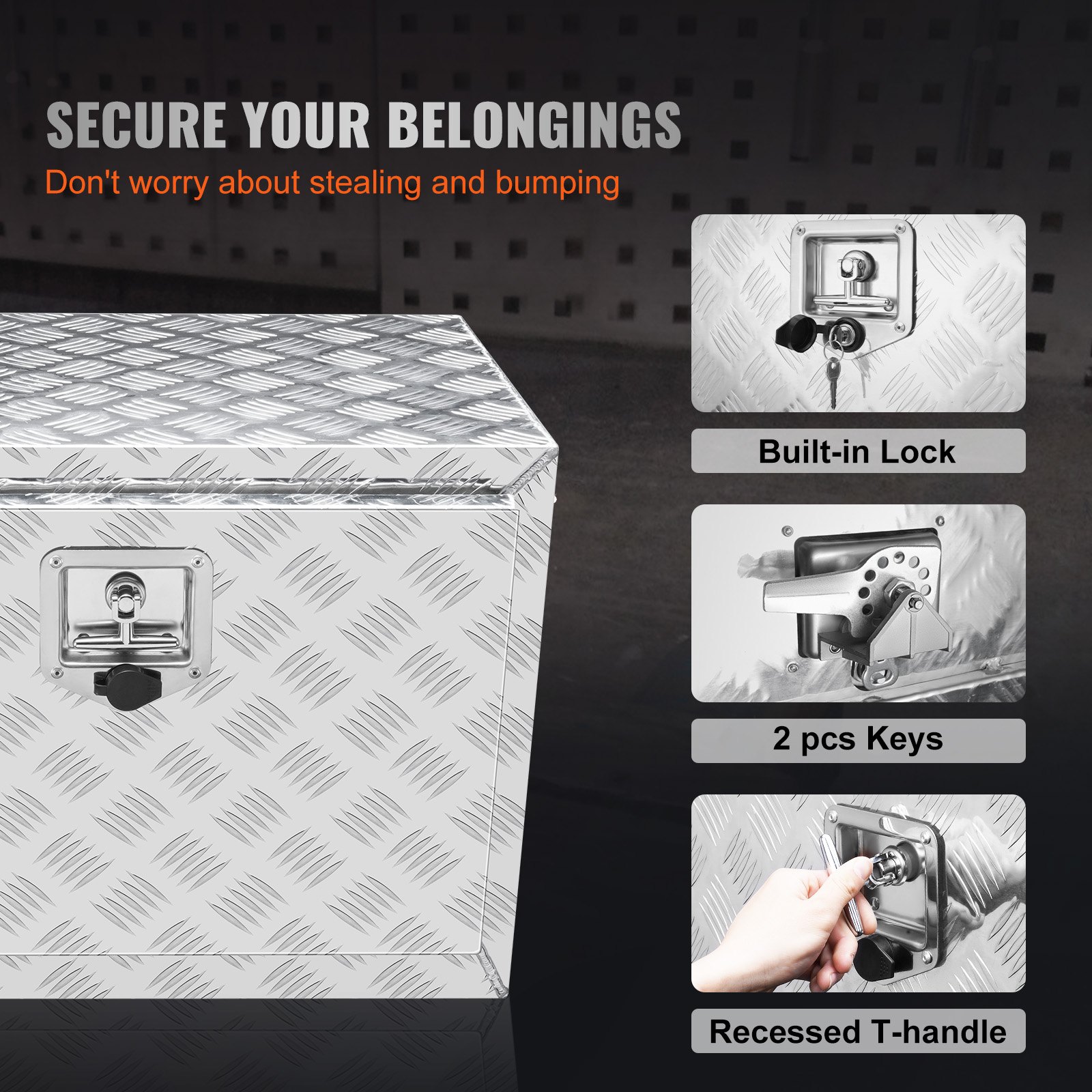 VEVOR underbody truck box with built-in lock, two keys, and recessed t-handle for secure storage.