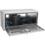 VEVOR underbody truck box with open lid showing stored tools and equipment inside diamond plate container.