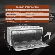 VEVOR Underbody Truck Box, 36"×14"×16" Pickup Storage Box, Heavy Duty Aluminum Diamond Plate Tool Box with Lock and Keys, Waterproof Trailer Storage Box with T-Handle Latch for Truck, Van, Trailer
