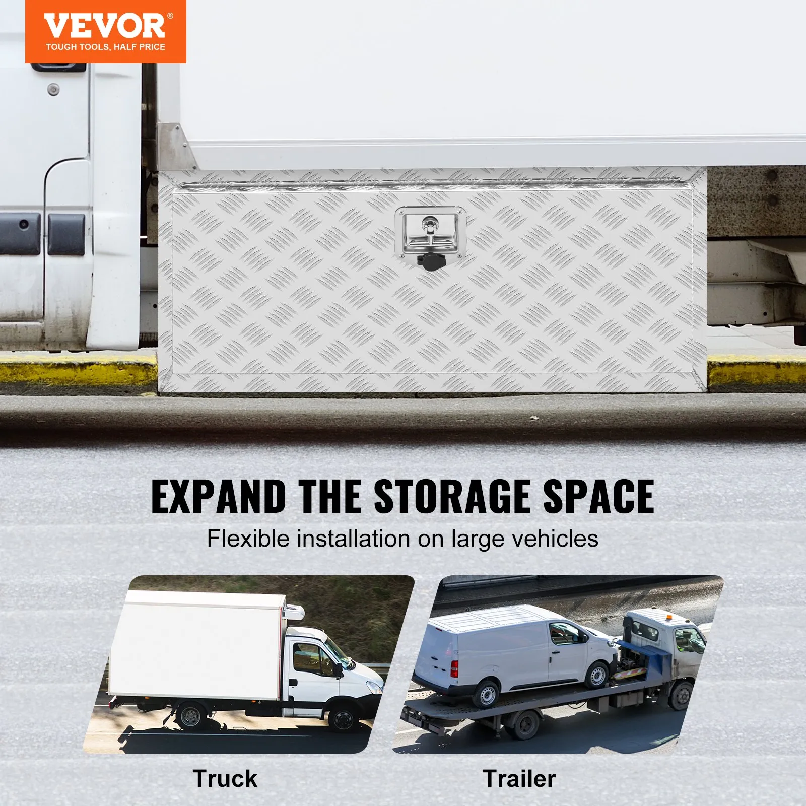 VEVOR underbody truck box installed on a vehicle, showcasing storage expansion for trucks and trailers.