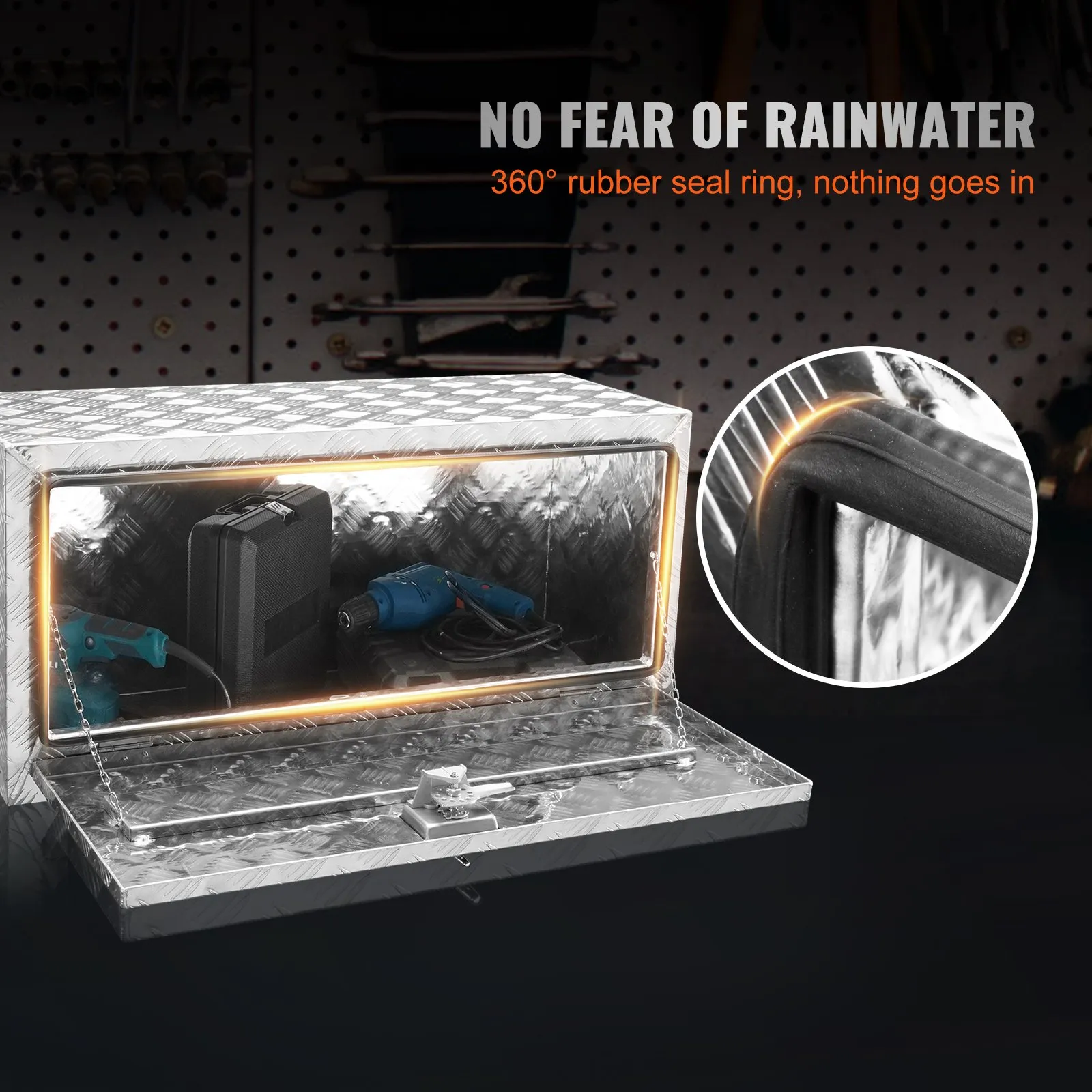 VEVOR underbody truck box with 360° rubber seal, water-resistant storage for tools and equipment.