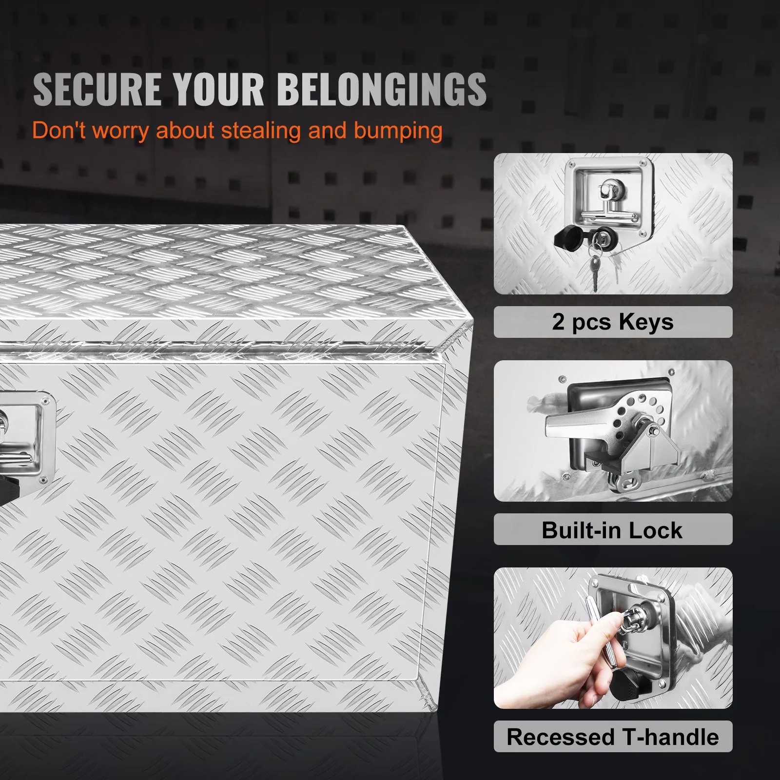 VEVOR underbody truck box with secure lock, 2 keys, and recessed t-handle.