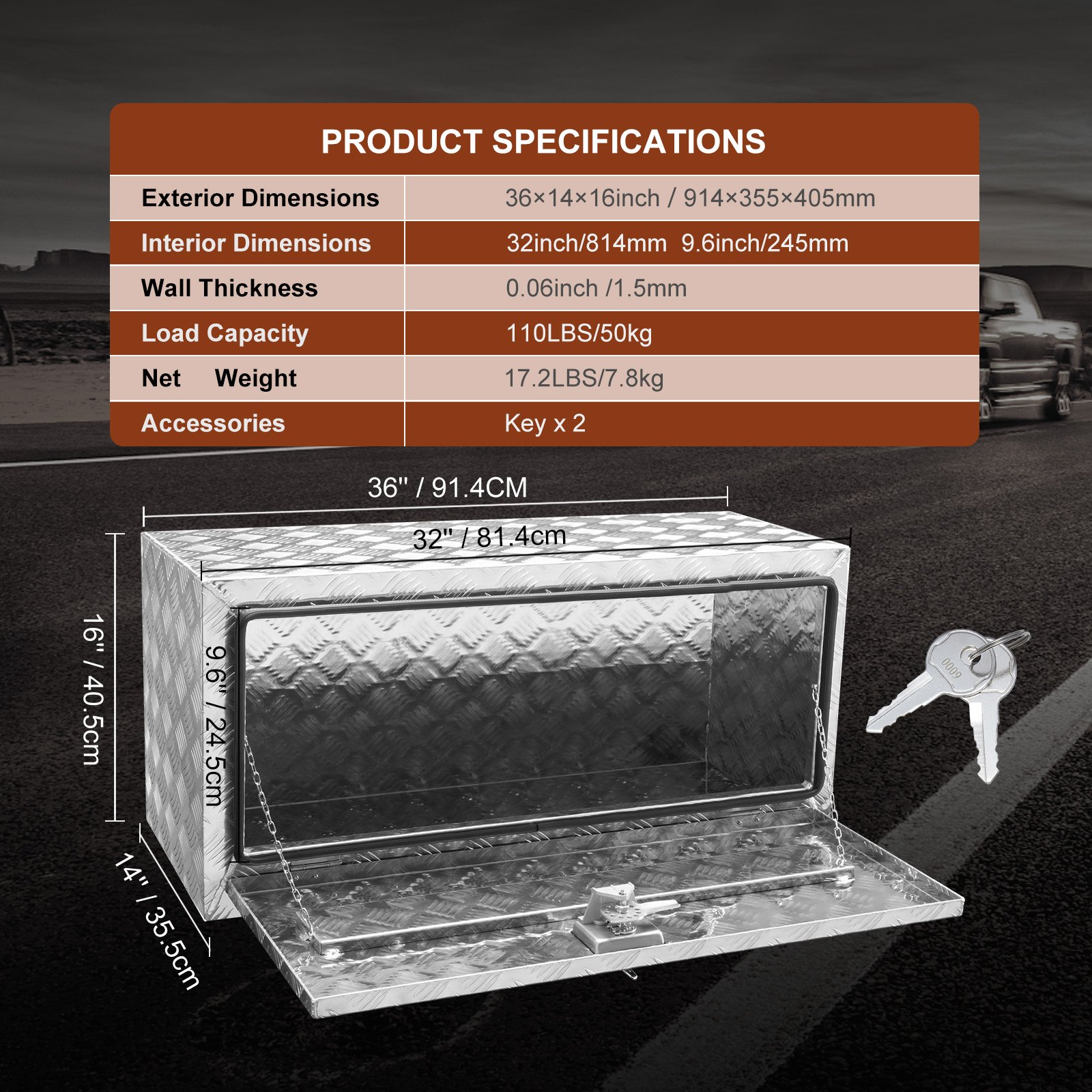 VEVOR underbody truck box dimensions and specs with keys for secure storage. measures 36&quot; x 14&quot; x 16&quot;.