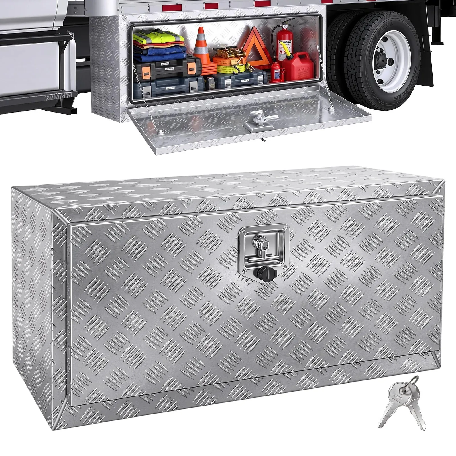 VEVOR Underbody Truck Box, 914 x 355 x 405 mm Pickup Storage Box, Heavy Duty Aluminum Diamond Plate Tool Box with Lock and Keys, Waterproof Trailer Storage Box with T-Handle Latch for Truck, Van, Trailer