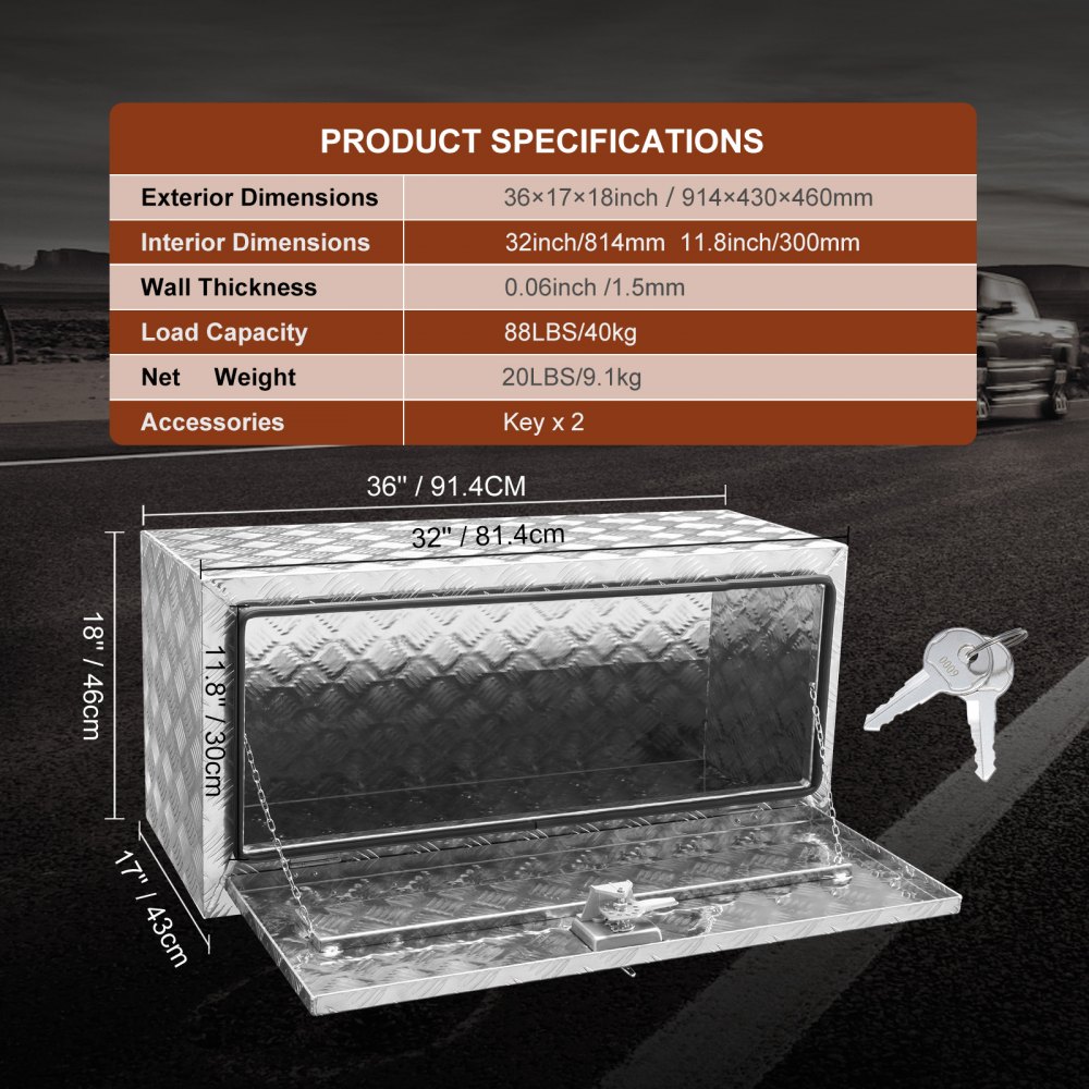VEVOR Underbody Truck Box, 36"×17"×18" Pickup Storage Box, Heavy Duty Aluminum Diamond Plate Tool Box with Lock and Keys, Waterproof Trailer Storage Box with T-Handle Latch for Truck, Van, Trailer