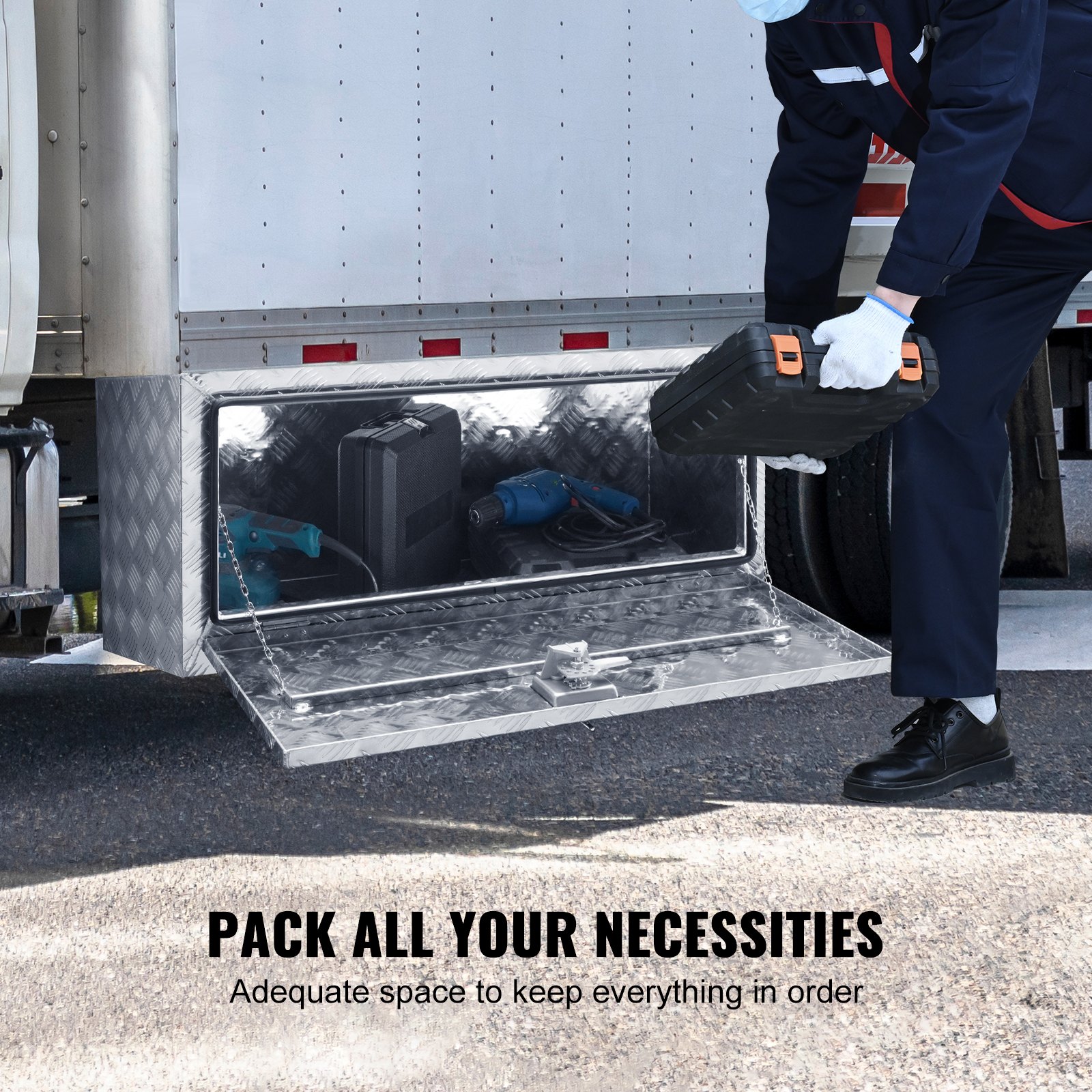 VEVOR Underbody Truck Box, 36"×17"×18" Pickup Storage Box, Heavy Duty Aluminum Diamond Plate Tool Box with Lock and Keys, Waterproof Trailer Storage Box with T-Handle Latch for Truck, Van, Trailer
