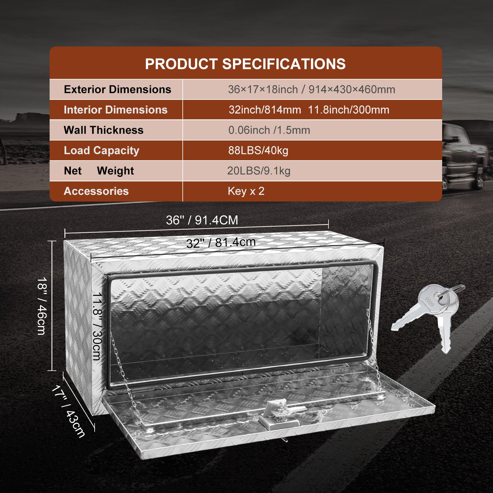 VEVOR Underbody Truck Box, 36"×17"×18" Pickup Storage Box, Heavy Duty Aluminum Diamond Plate Tool Box with Lock and Keys, Waterproof Trailer Storage Box with T-Handle Latch for Truck, Van, Trailer