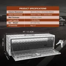 VEVOR Underbody Truck Box, 48"×17"×18" Pickup Storage Box, Heavy Duty Aluminum Diamond Plate Tool Box with Lock and Keys, Waterproof Trailer Storage Box with T-Handle Latch for Truck, Van, Trailer