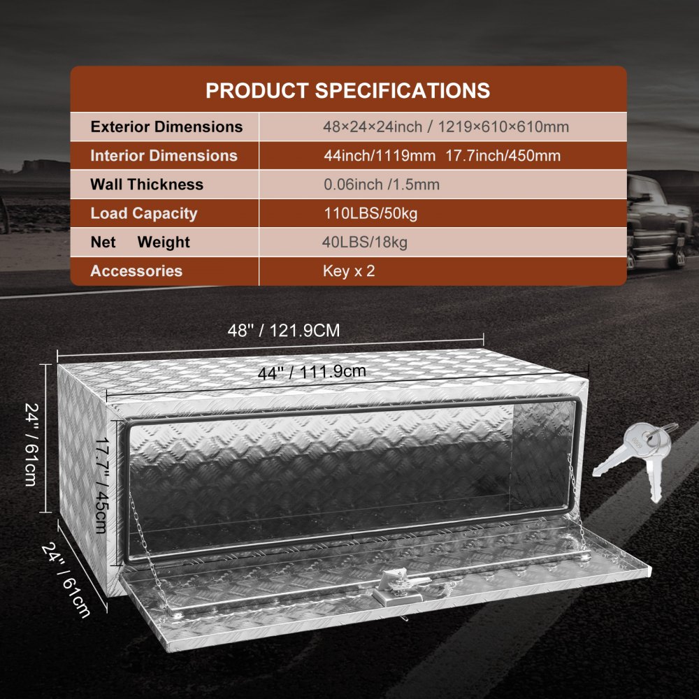 VEVOR underbody truck box with detailed product specifications and dimensions, including keys.