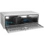 open VEVOR underbody truck box with tools and case inside on diamond plate surface.