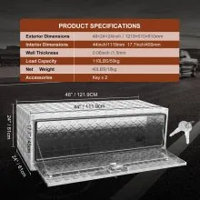 VEVOR Underbody Truck Box, 48"×24"×24" Pickup Storage Box, Heavy Duty Aluminum Diamond Plate Tool Box with Lock and Keys, Waterproof Trailer Storage Box with T-Handle Latch for Truck, Van, Trailer