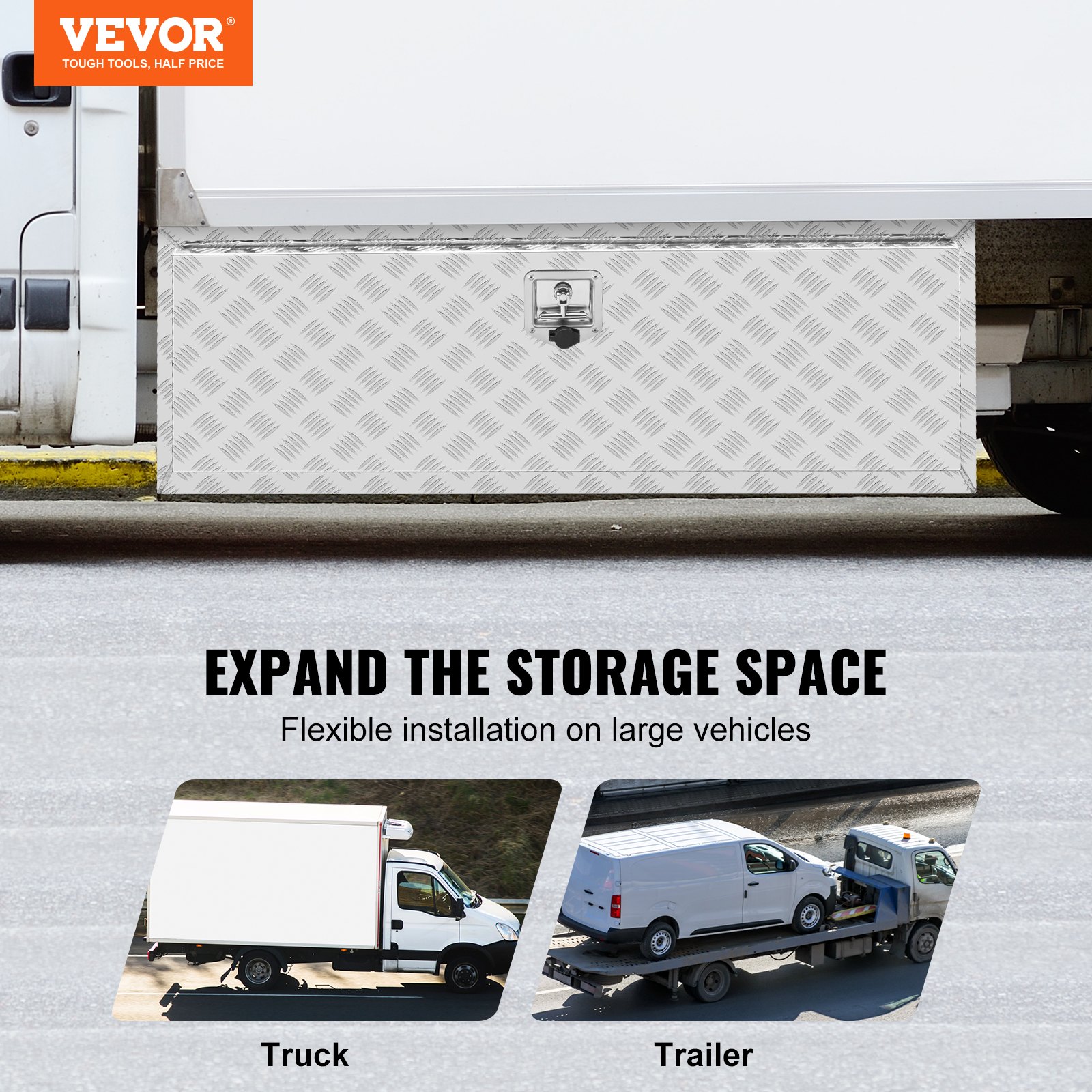 VEVOR underbody truck box installed; enhance storage space on large vehicles, truck and trailer options.