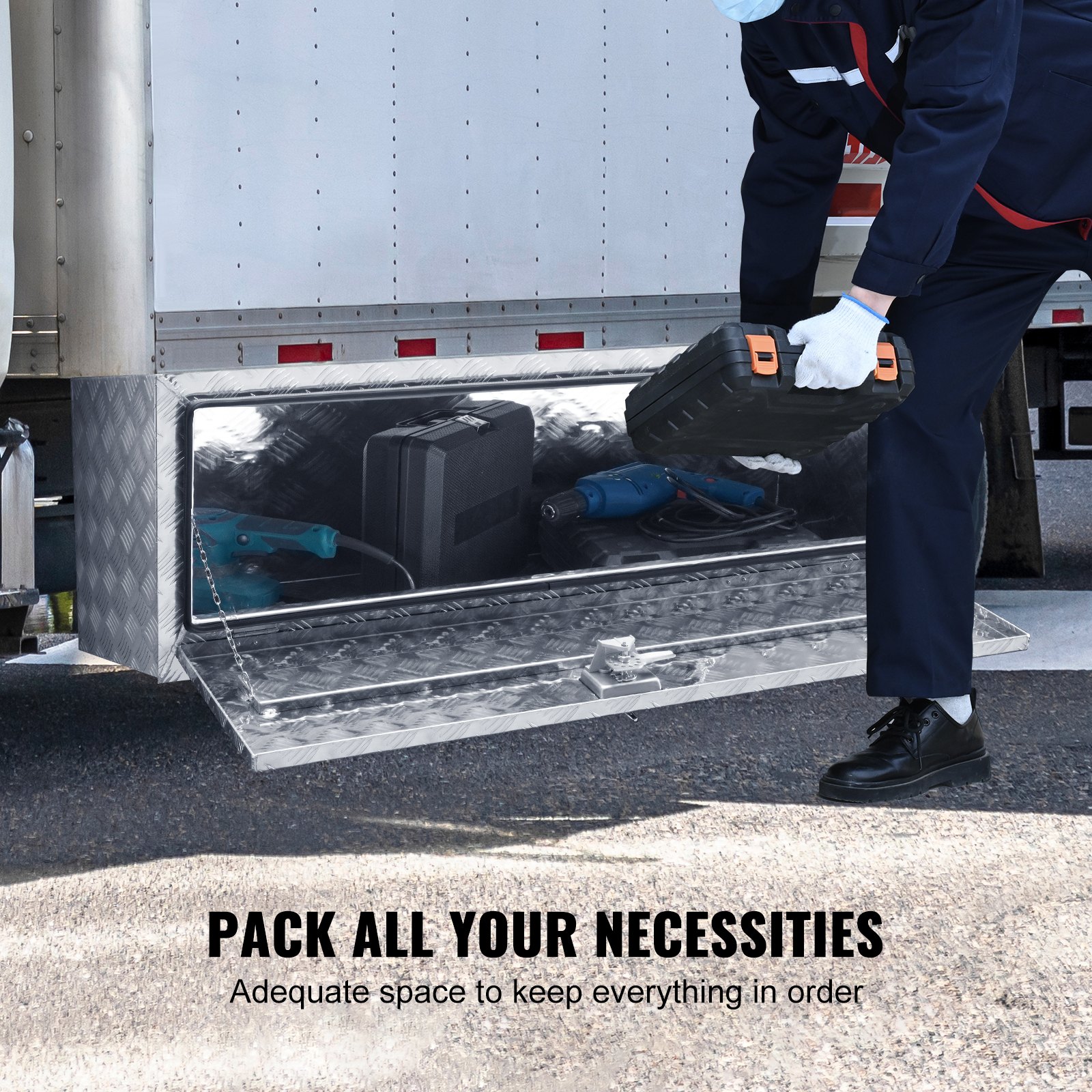 truck toolbox with power tools and equipment, emphasizing ample storage in the VEVOR underbody truck box.