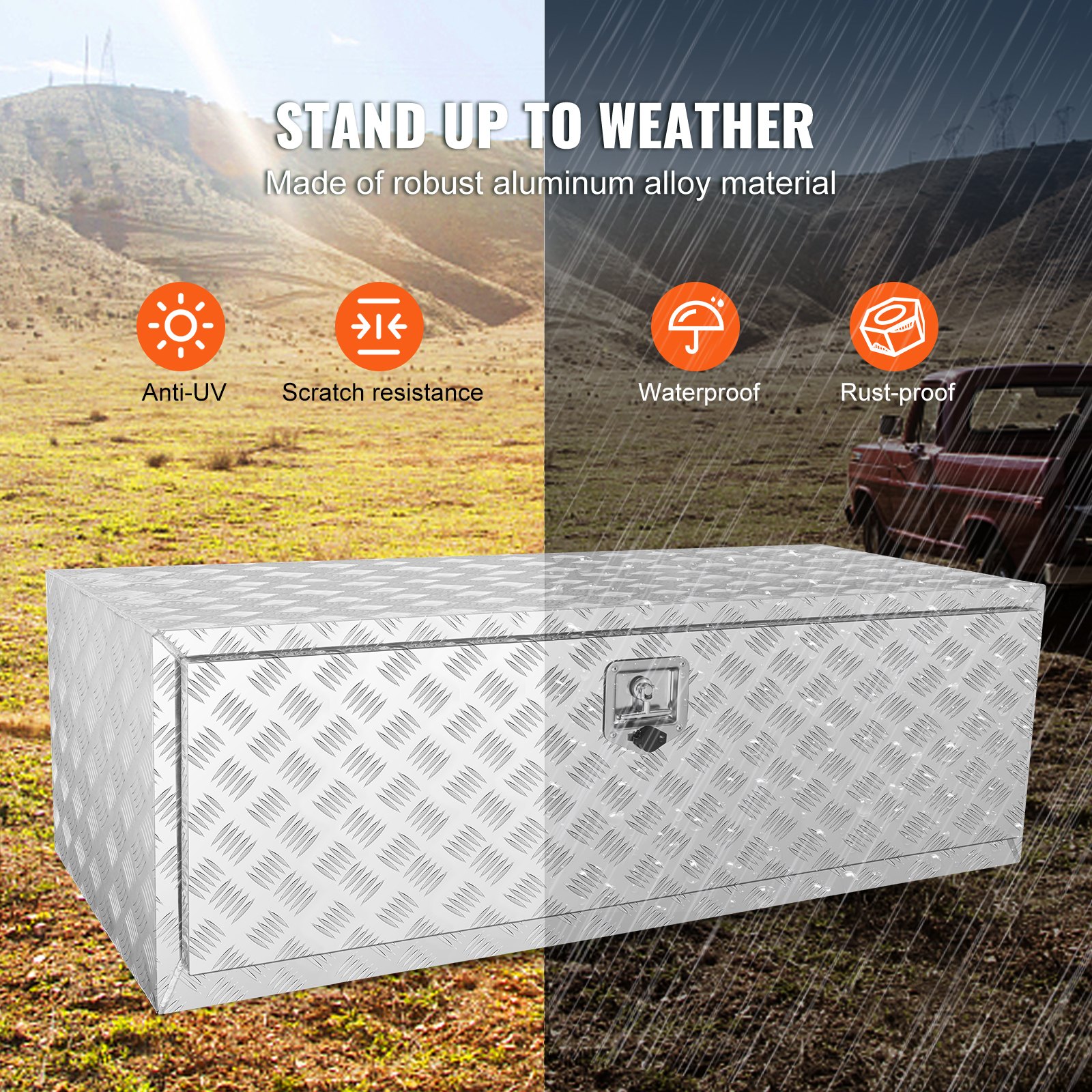 VEVOR underbody truck box - aluminum alloy, anti-uv, scratch resistant, waterproof, and rust-proof.