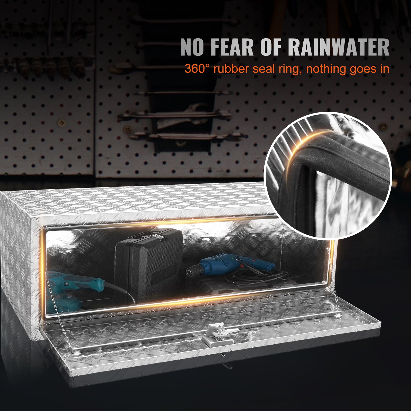 VEVOR underbody truck box with 360° rubber seal, tools inside, waterproof design.