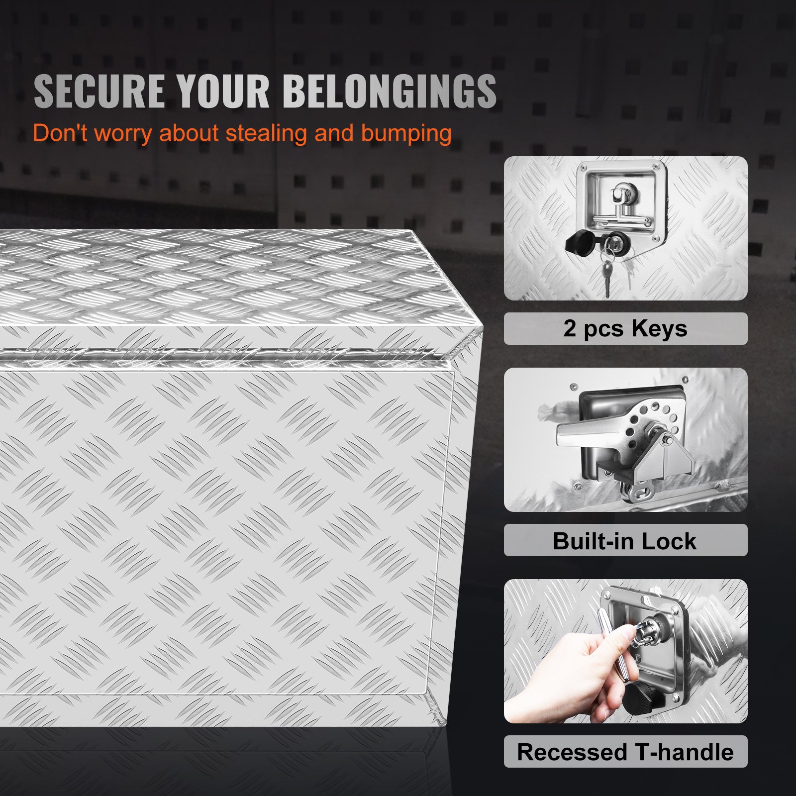 VEVOR underbody truck box with diamond plate, 2 keys, built-in lock, and recessed t-handle.