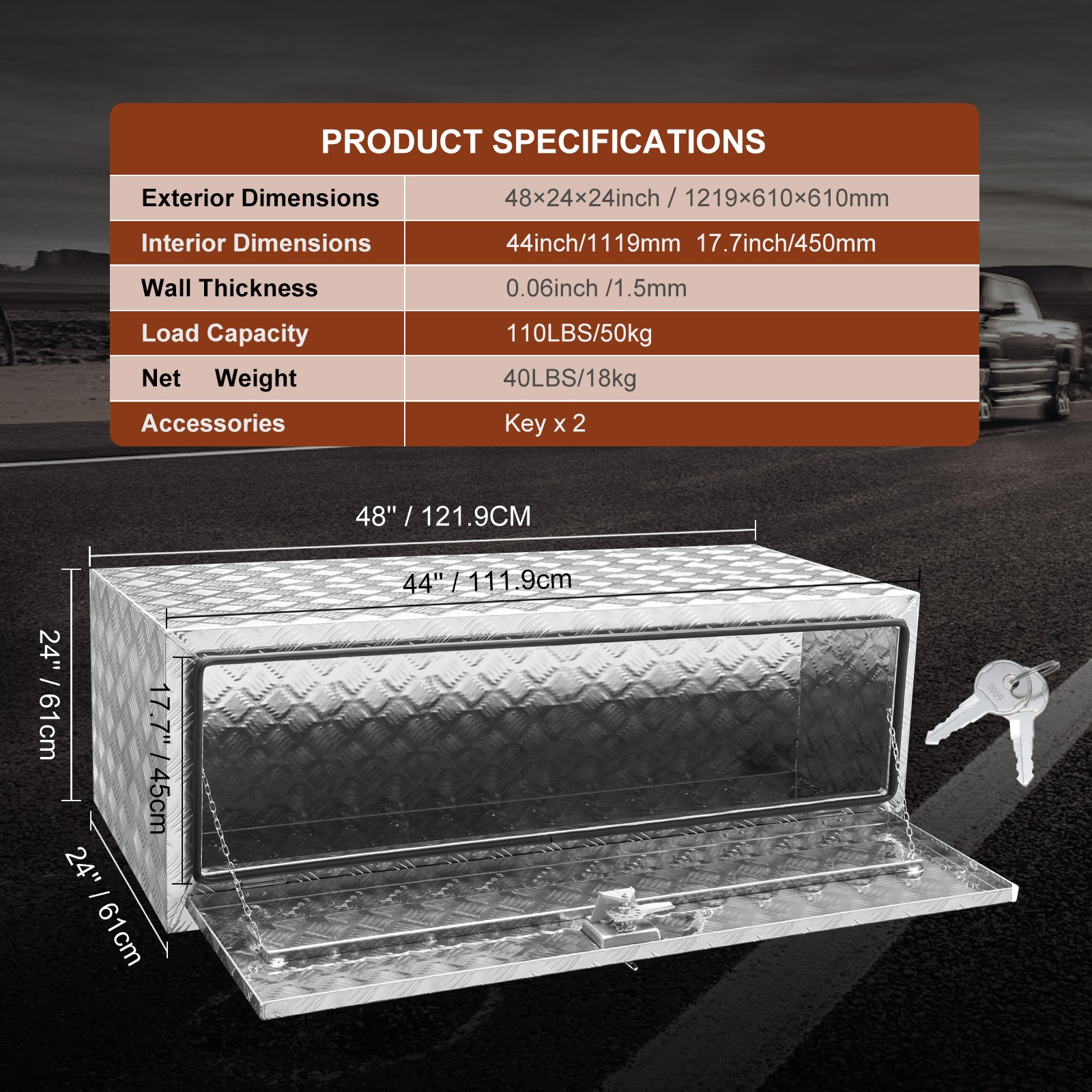 VEVOR underbody truck box with detailed product specifications and dimensions, including keys.