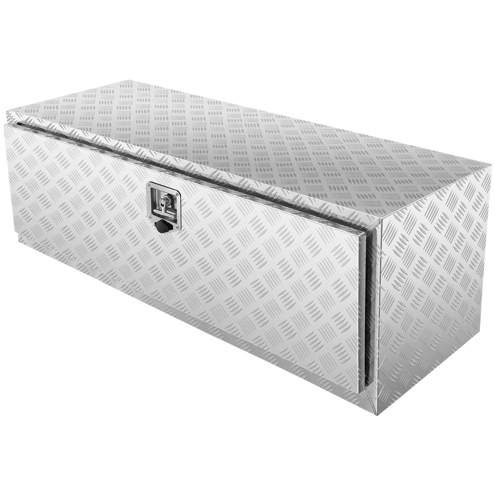 aluminum VEVOR underbody truck box with diamond plate pattern and secure latch mechanism.