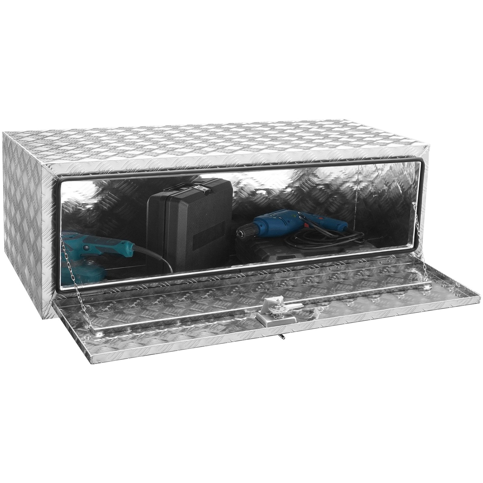 open VEVOR underbody truck box with tools and case inside on diamond plate surface.
