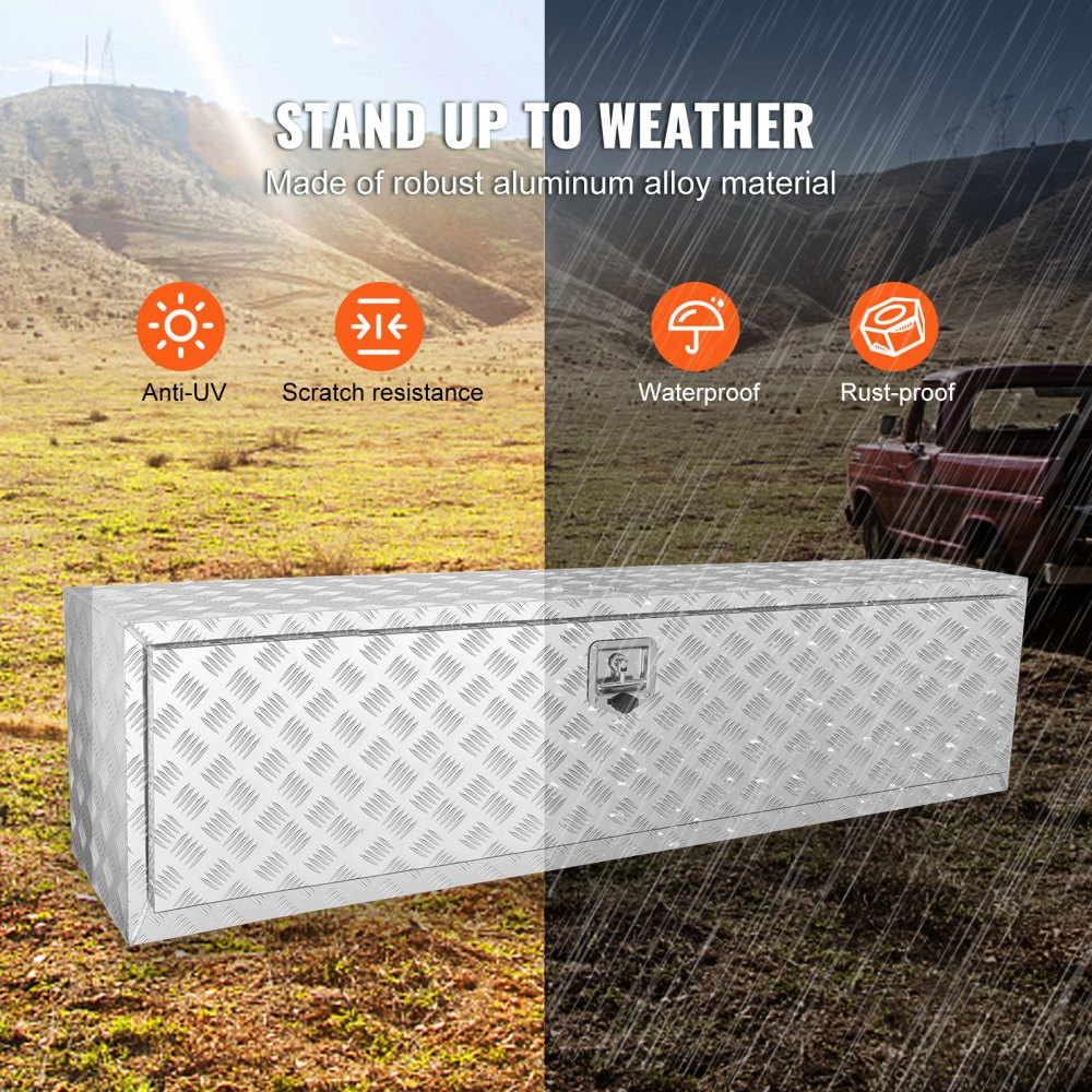 VEVOR Underbody Truck Box, 152.4 x 43.2 x 45.7 cm Pickup Storage Box, Heavy Duty Aluminum Diamond Plate Tool Box with Lock and Keys, Waterproof Trailer Storage Box with T-Handle Latch for Truck, Van, Trailer