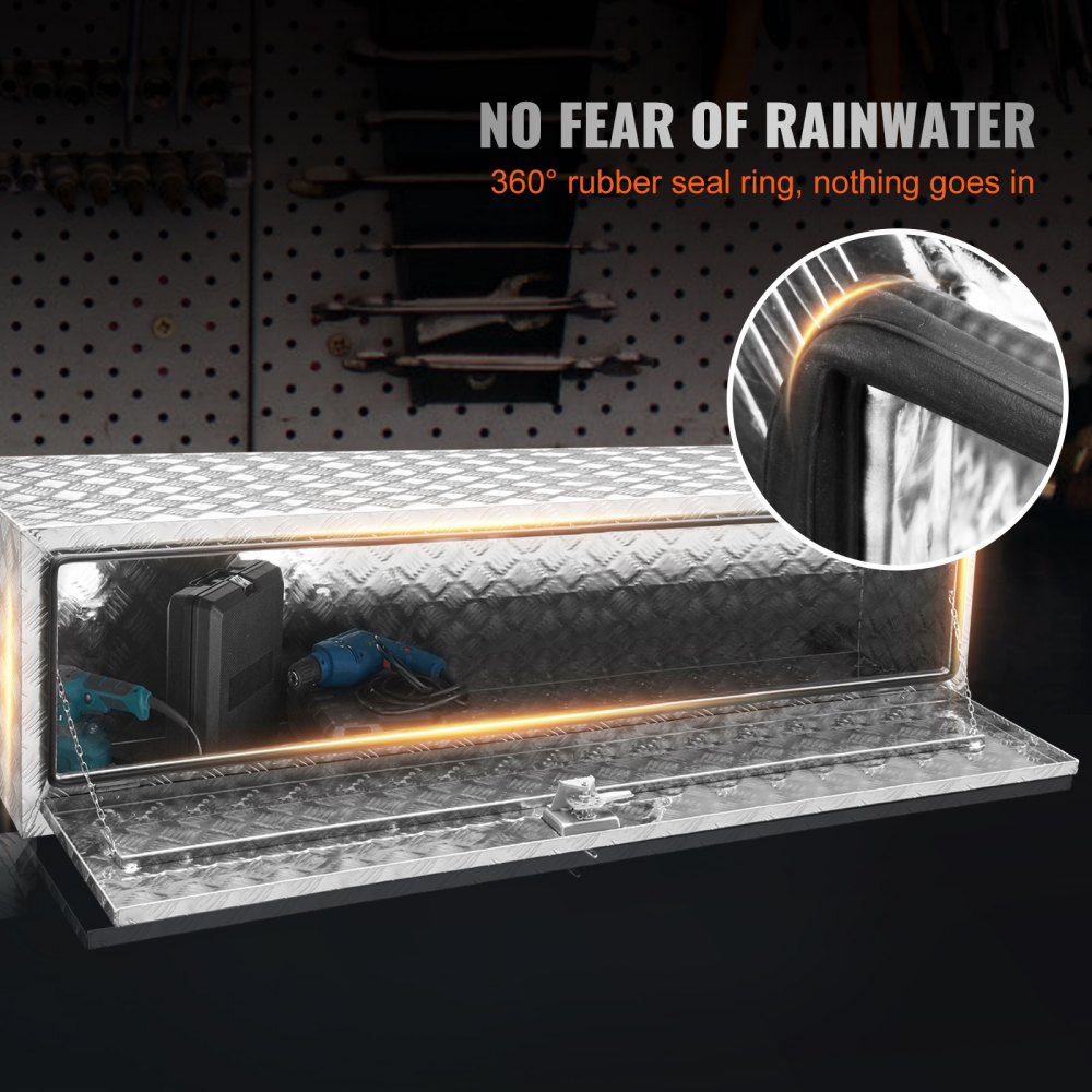 VEVOR Underbody Truck Box, 60"×24"×24" Pickup Storage Box, Heavy Duty Aluminum Diamond Plate Tool Box with Lock and Keys, Waterproof Trailer Storage Box with T-Handle Latch for Truck, Van, Trailer