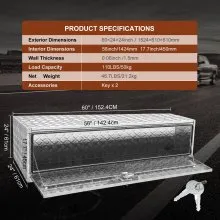 VEVOR Underbody Truck Box, 60"×24"×24" Pickup Storage Box, Heavy Duty Aluminum Diamond Plate Tool Box with Lock and Keys, Waterproof Trailer Storage Box with T-Handle Latch for Truck, Van, Trailer
