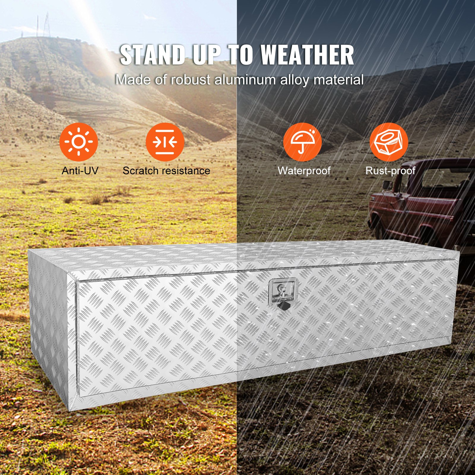 VEVOR Underbody Truck Box, 1524 x 610 x 610 mm Pickup Storage Box, Heavy Duty Aluminum Diamond Plate Tool Box with Lock and Keys, Waterproof Trailer Storage Box with T-Handle Latch for Truck, Van, Trailer