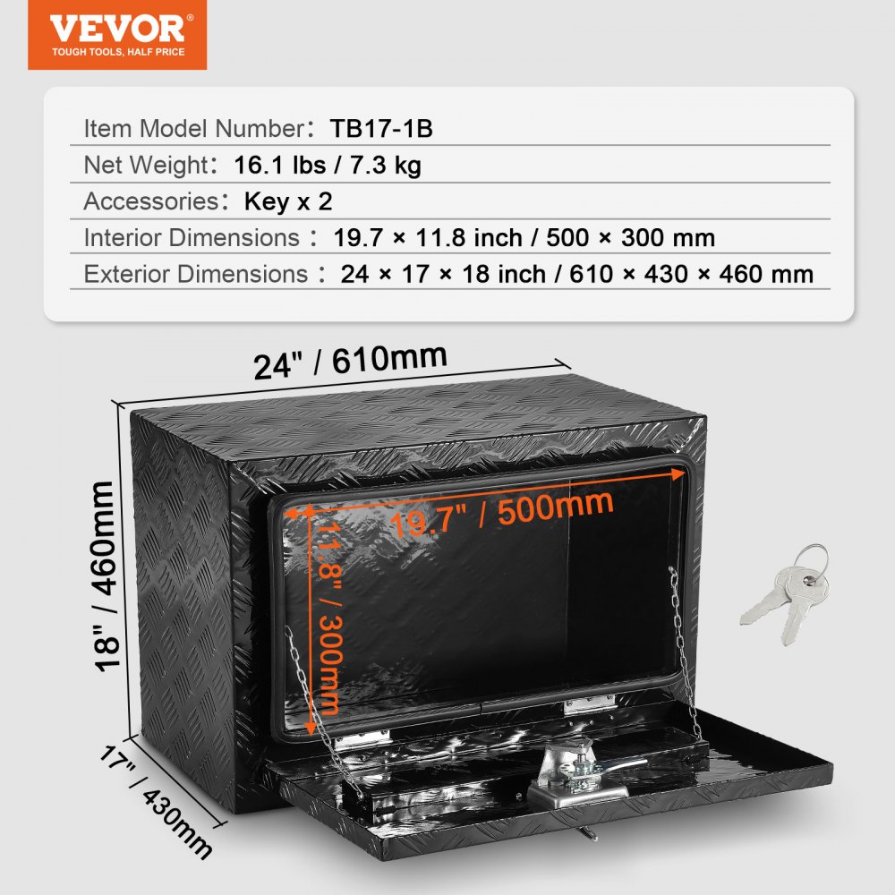 VEVOR Underbody Truck Box, 24" x 17" x 18" Pickup Storage Box, Heavy Duty Aluminum Diamond Plate Tool Box with Lock and Keys, Waterproof Trailer Storage Box with T-Handle Latch for Truck, Van, Trailer