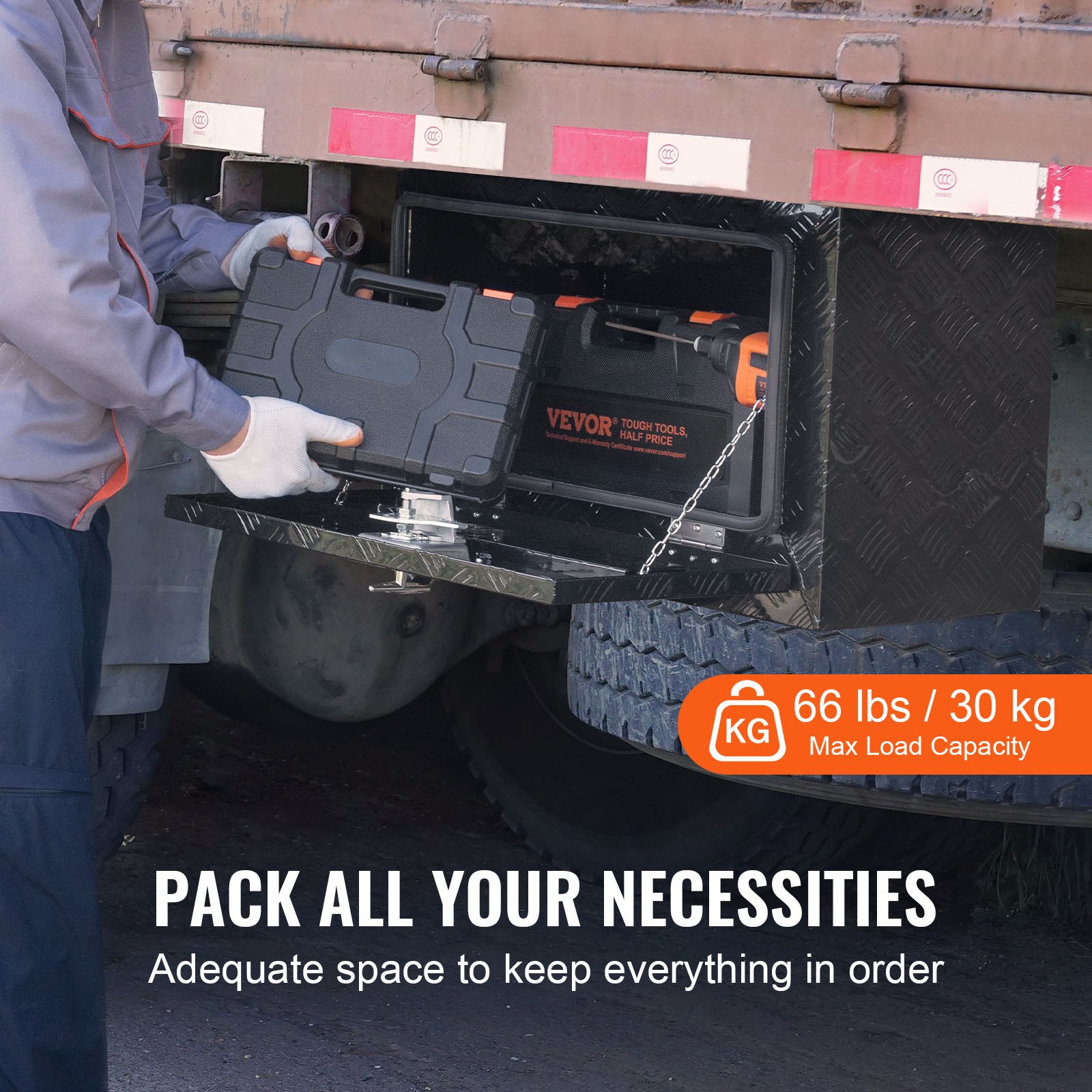 VEVOR Underbody Truck Box, 24" x 17" x 18" Pickup Storage Box, Heavy Duty Aluminum Diamond Plate Tool Box with Lock and Keys, Waterproof Trailer Storage Box with T-Handle Latch for Truck, Van, Trailer