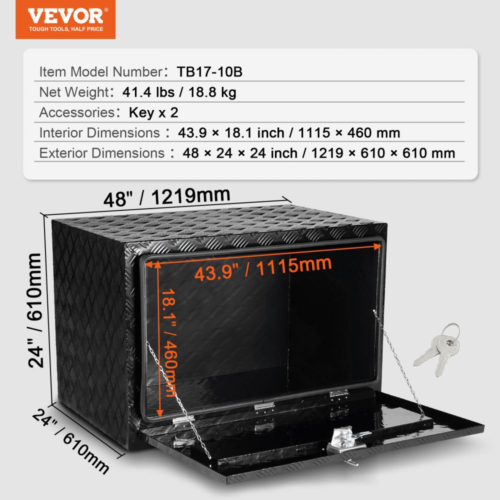 VEVOR Underbody Truck Box, 48" x 24" x 24" Pickup Storage Box, Heavy Duty Aluminum Diamond Plate Tool Box with Lock and Keys, Waterproof Trailer Storage Box with T-Handle Latch for Truck, Van, Trailer