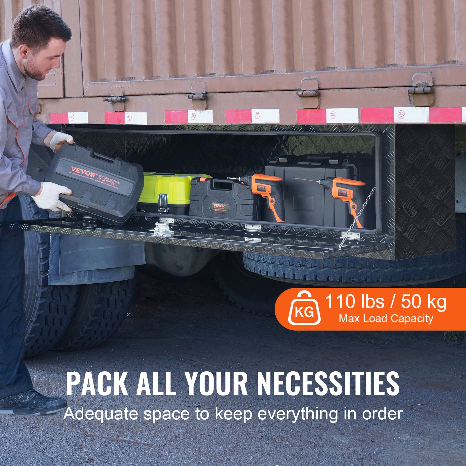 VEVOR Underbody Truck Box, 60" x 17" x 18" Pickup Storage Box, Heavy Duty Aluminum Diamond Plate Tool Box with Lock and Keys, Waterproof Trailer Storage Box with T-Handle Latch for Truck, Van, Trailer