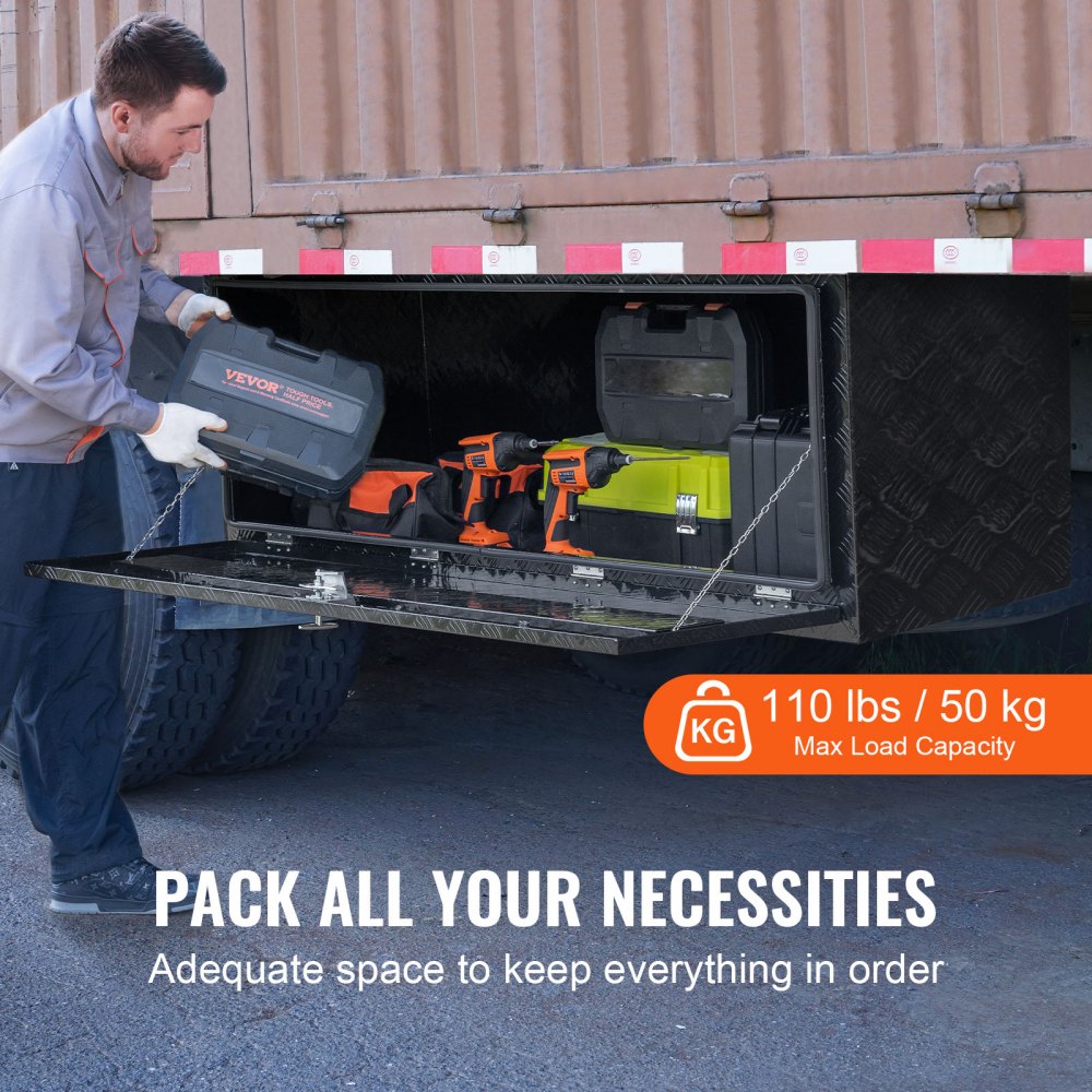 VEVOR Underbody Truck Box, 60" x 24" x 24" Pickup Storage Box, Heavy Duty Aluminum Diamond Plate Tool Box with Lock and Keys, Waterproof Trailer Storage Box with T-Handle Latch for Truck, Van, Trailer