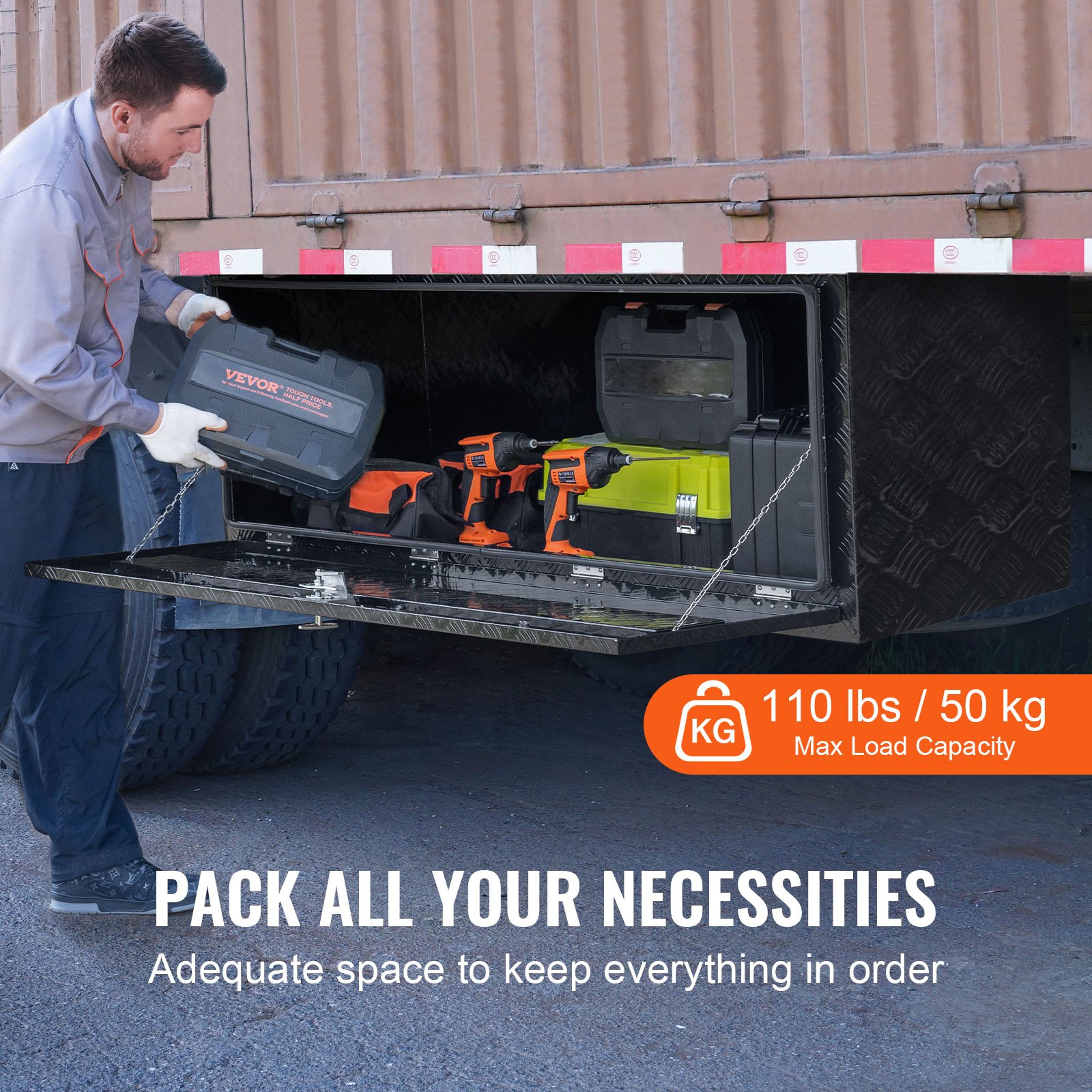 VEVOR Underbody Truck Box, 60" x 24" x 24" Pickup Storage Box, Heavy Duty Aluminum Diamond Plate Tool Box with Lock and Keys, Waterproof Trailer Storage Box with T-Handle Latch for Truck, Van, Trailer