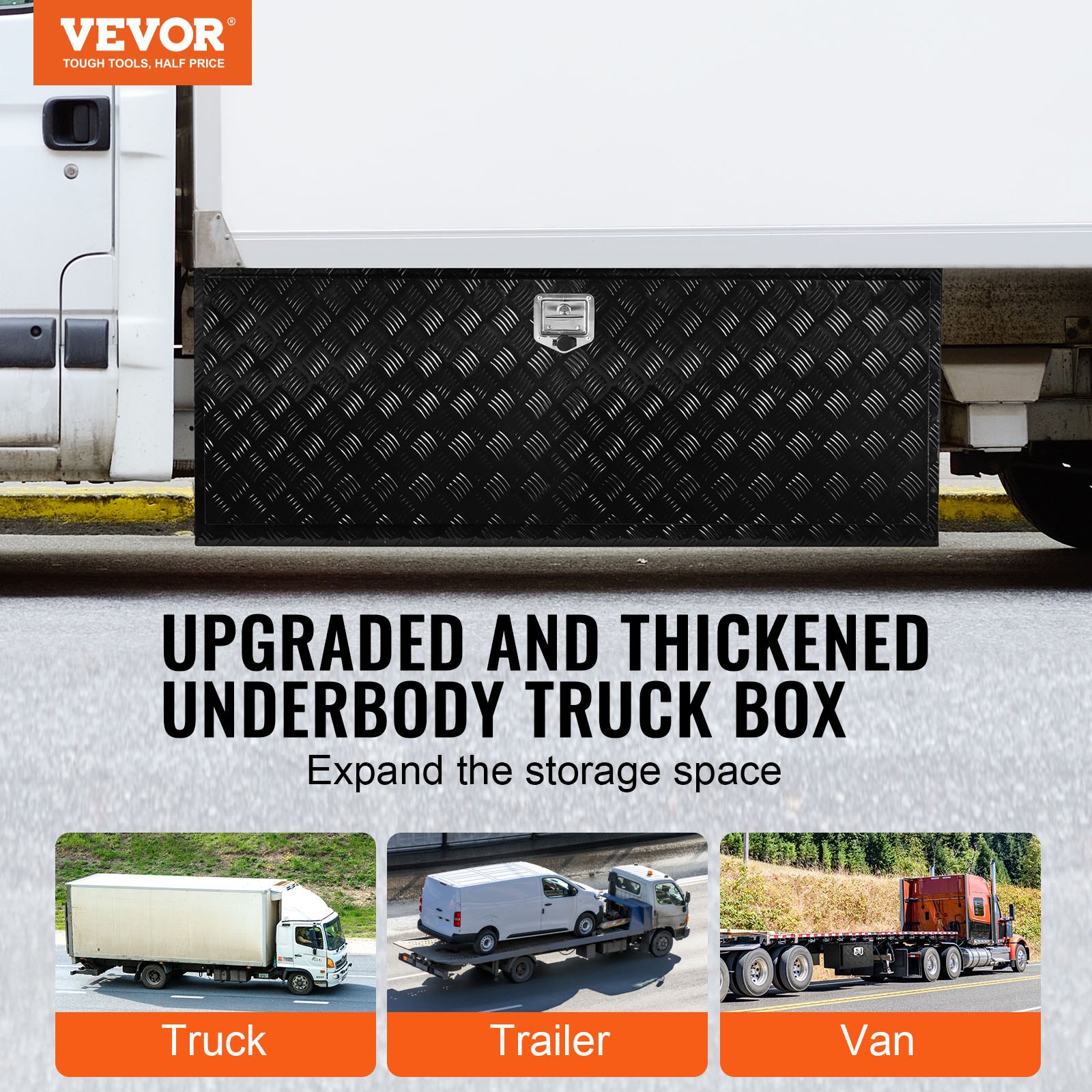 VEVOR Underbody Truck Box, 60" x 24" x 24" Pickup Storage Box, Heavy Duty Aluminum Diamond Plate Tool Box with Lock and Keys, Waterproof Trailer Storage Box with T-Handle Latch for Truck, Van, Trailer
