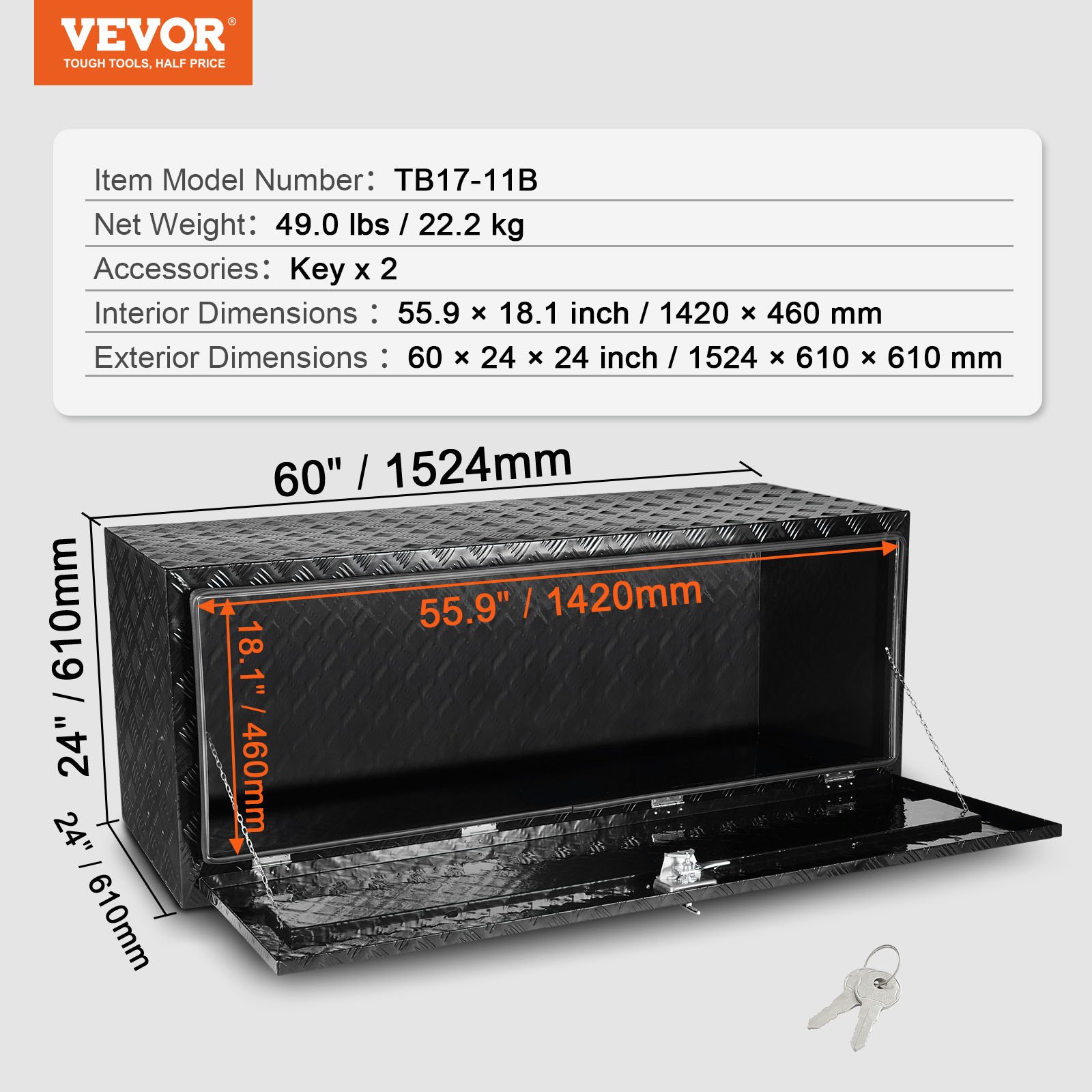 VEVOR Underbody Truck Box, 60" x 24" x 24" Pickup Storage Box, Heavy Duty Aluminum Diamond Plate Tool Box with Lock and Keys, Waterproof Trailer Storage Box with T-Handle Latch for Truck, Van, Trailer