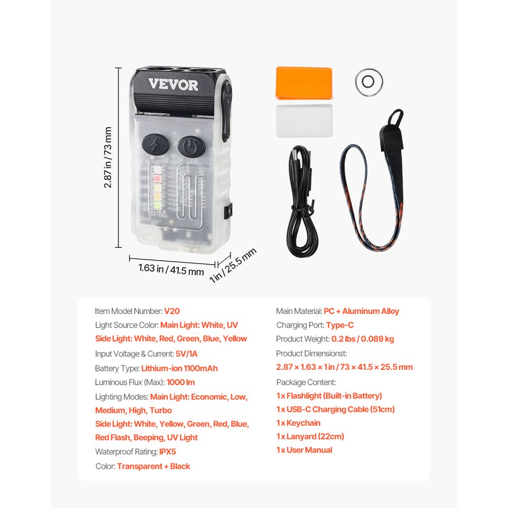 VEVOR Rechargeable Keychain Flashlight, Mini LED Flashlight with 13 Lighting Modes, Portable Pocket Flashlight with Clip, Magnetic Tail & 180° Rotating Head for Everyday Carry, Camping, Emergencies