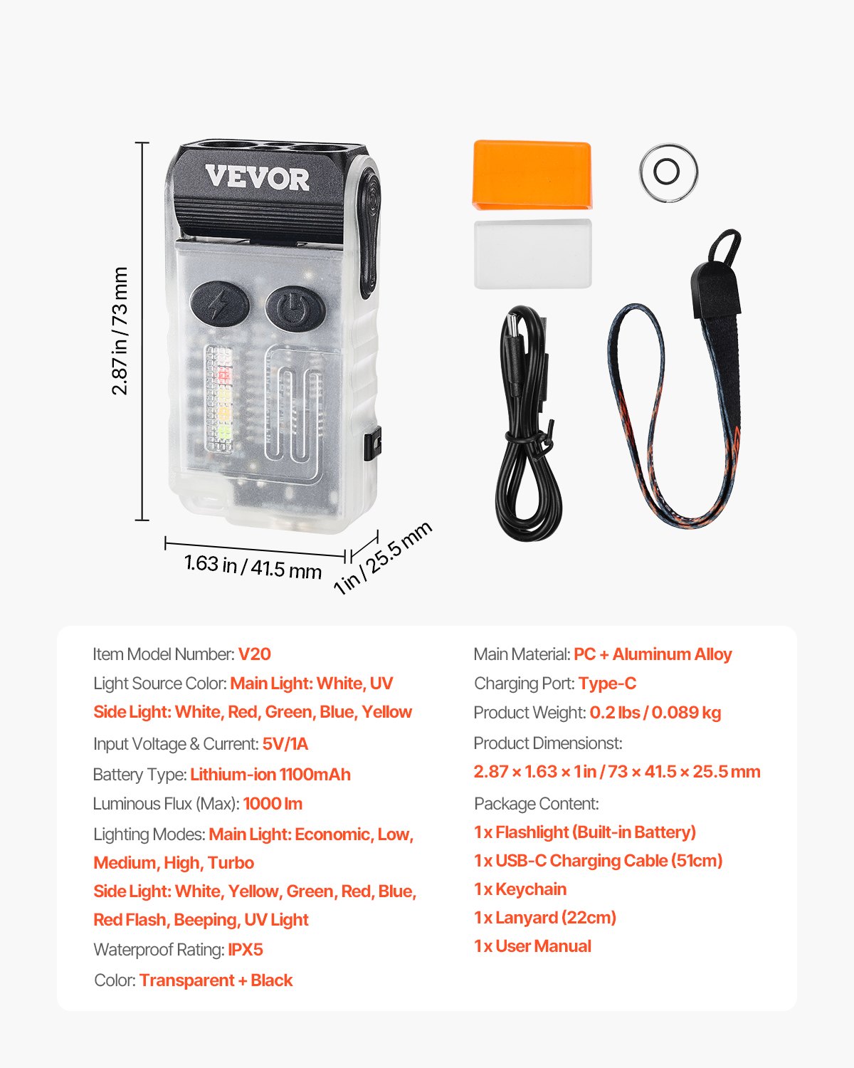 VEVOR Rechargeable Keychain Flashlight, Mini LED Flashlight with 13 Lighting Modes, Portable Pocket Flashlight with Clip, Magnetic Tail & 180° Rotating Head for Everyday Carry, Camping, Emergencies