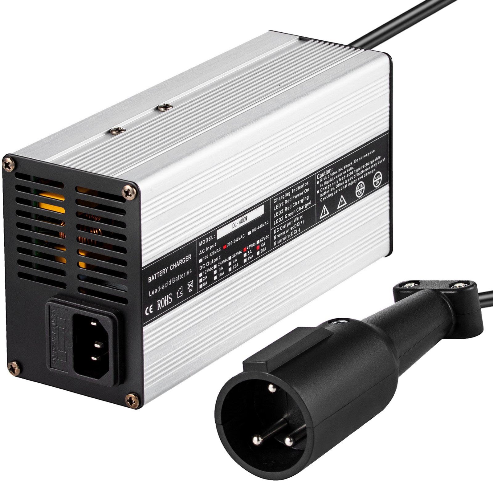 48V Golf Cart Battery Charger 3-pin Plug Round Club Car Charger 6A Lead Acid